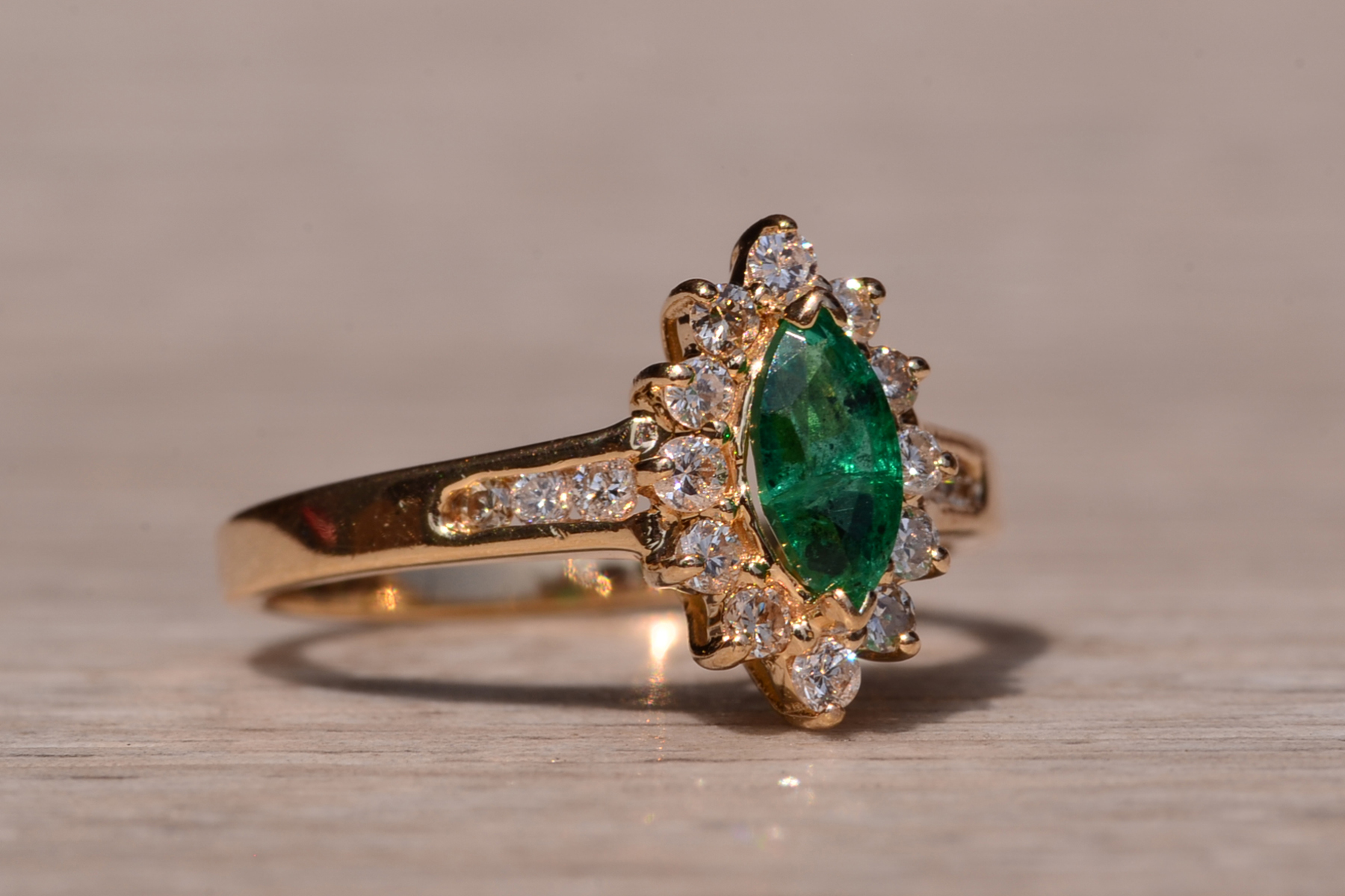 SOLD - The Gates Ave: Navette Emerald Ring with Diamonds - Image 6