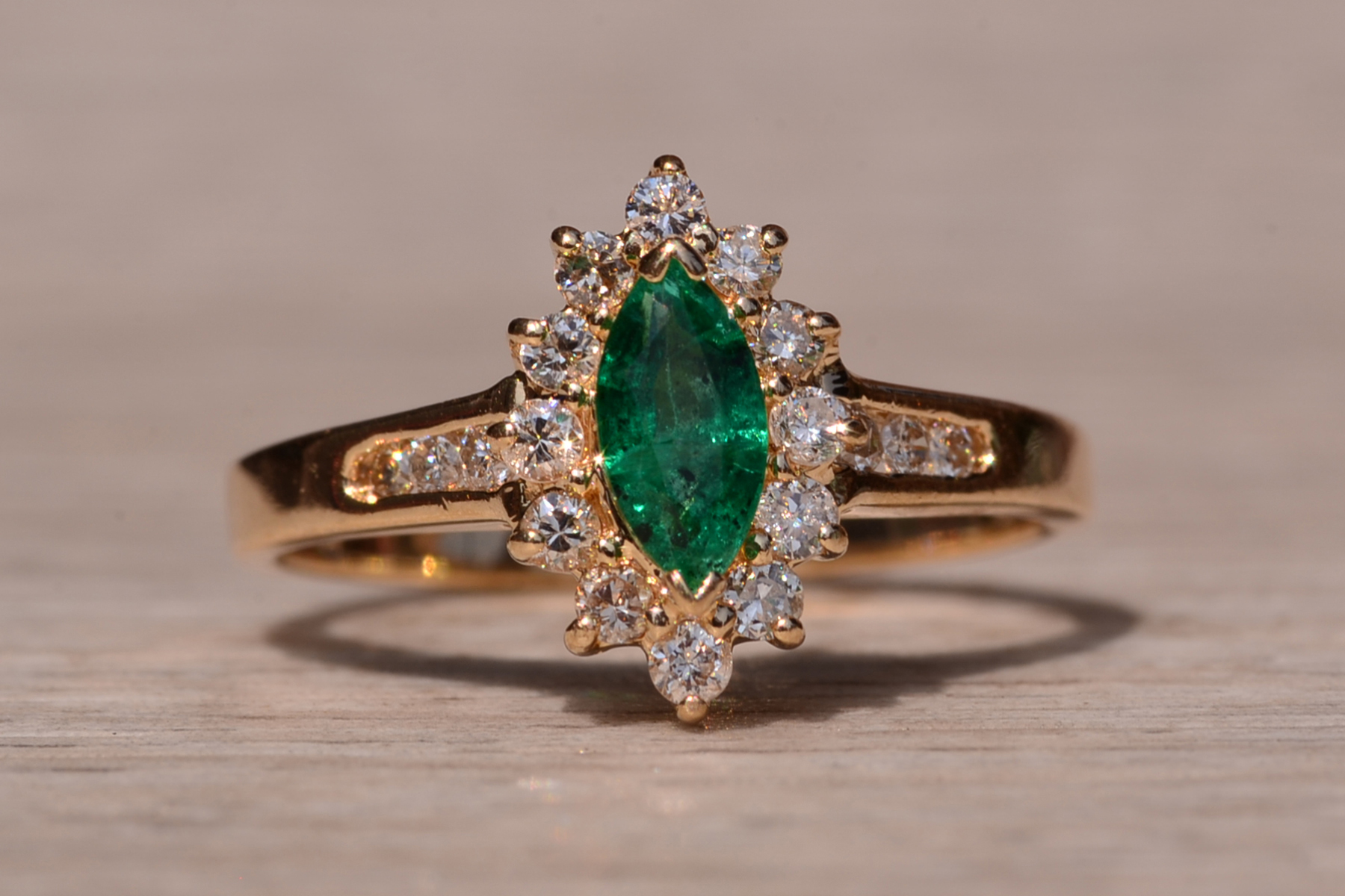 SOLD - The Gates Ave: Navette Emerald Ring with Diamonds - Image 7