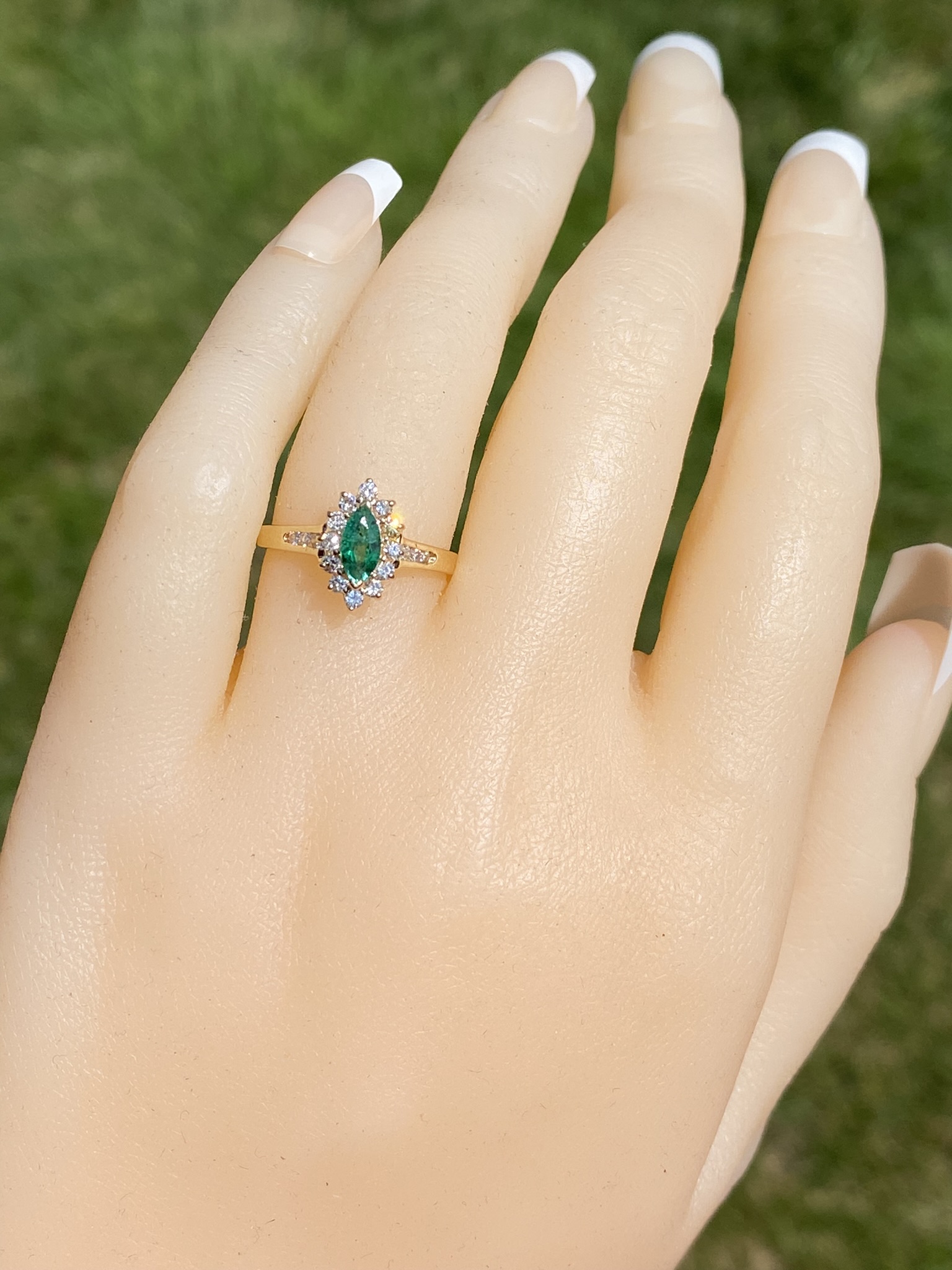SOLD - The Gates Ave: Navette Emerald Ring with Diamonds - Image 8