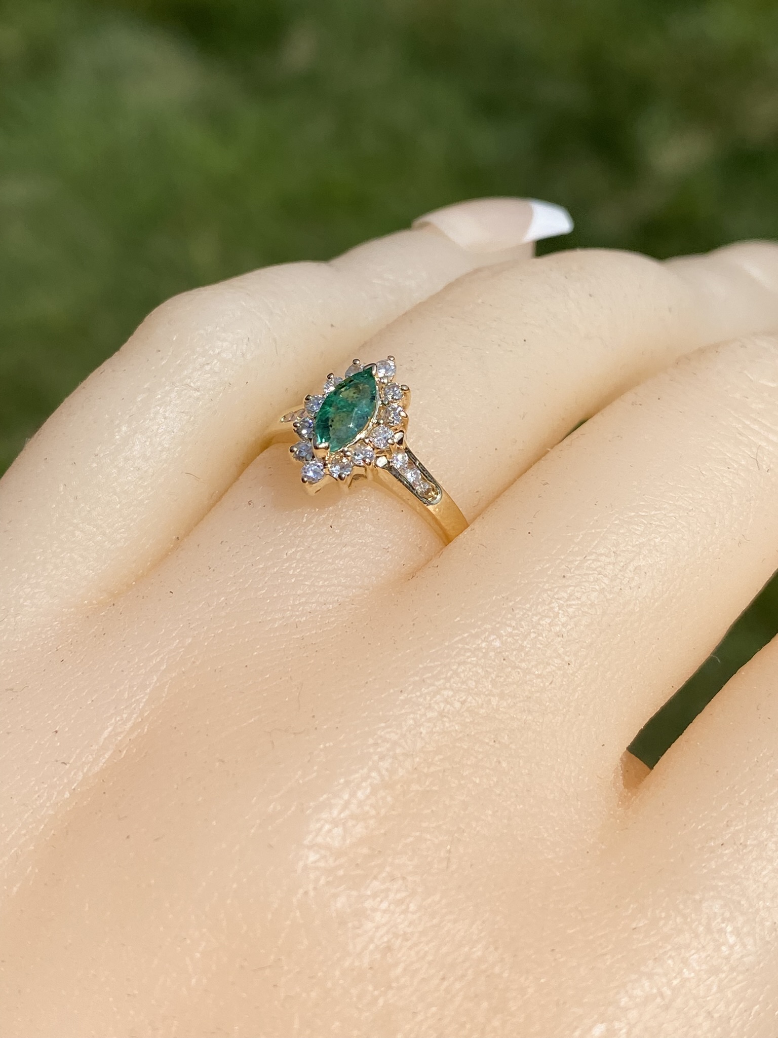 SOLD - The Gates Ave: Navette Emerald Ring with Diamonds - Image 9