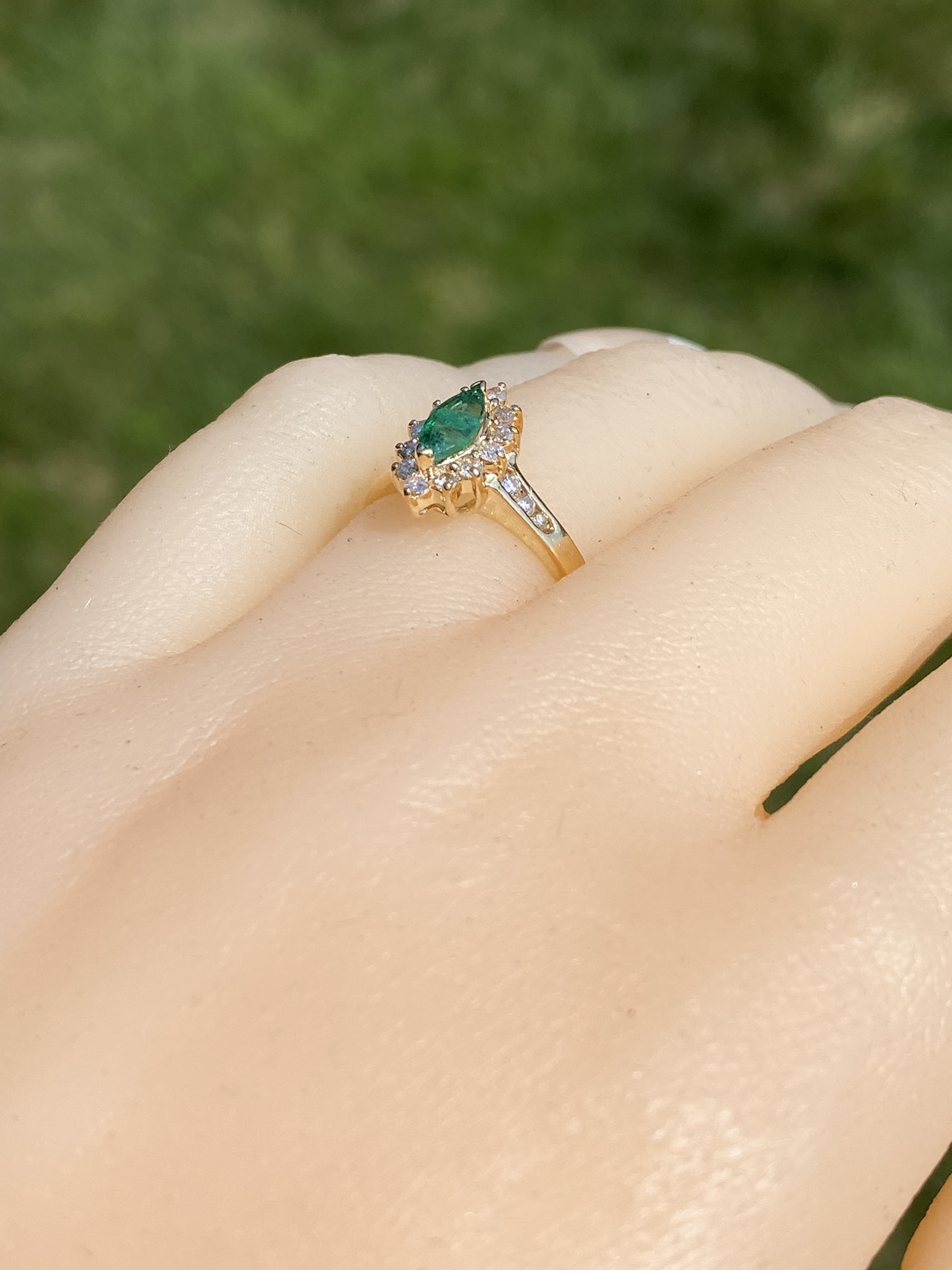 SOLD - The Gates Ave: Navette Emerald Ring with Diamonds - Image 10