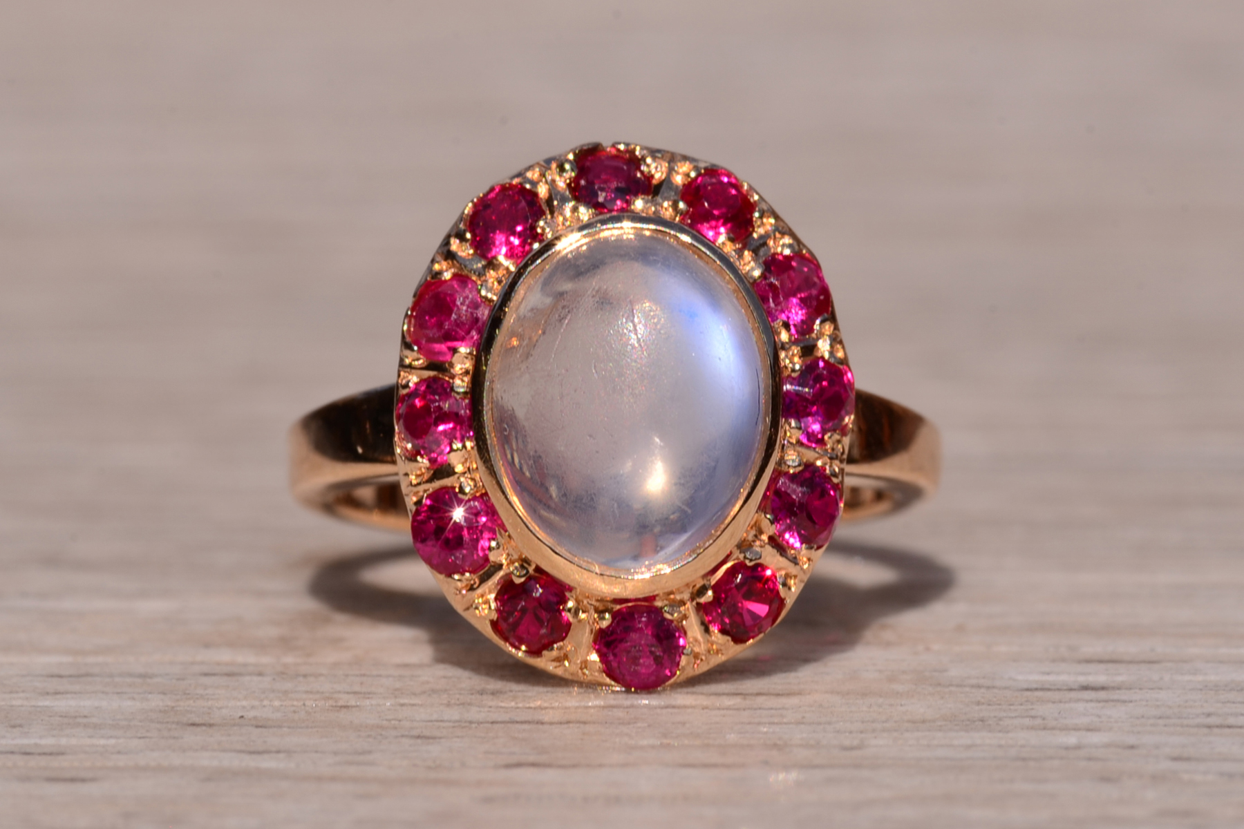 SOLD - The Delamere: Ladies Vintage 14K Moonstone and Ruby Halo Cocktail Ring - Image 2