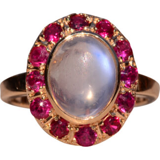 SOLD - The Delamere:  Ladies Vintage 14K Moonstone and Ruby Halo Cocktail Ring