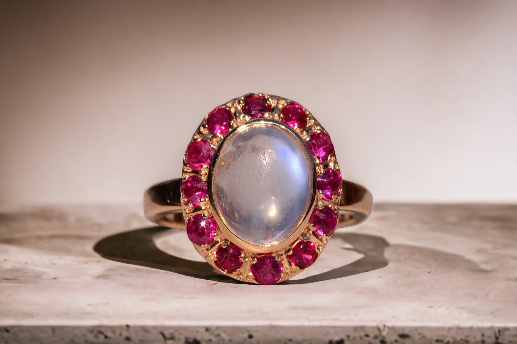 SOLD - The Delamere: Ladies Vintage 14K Moonstone and Ruby Halo Cocktail Ring - Image 12