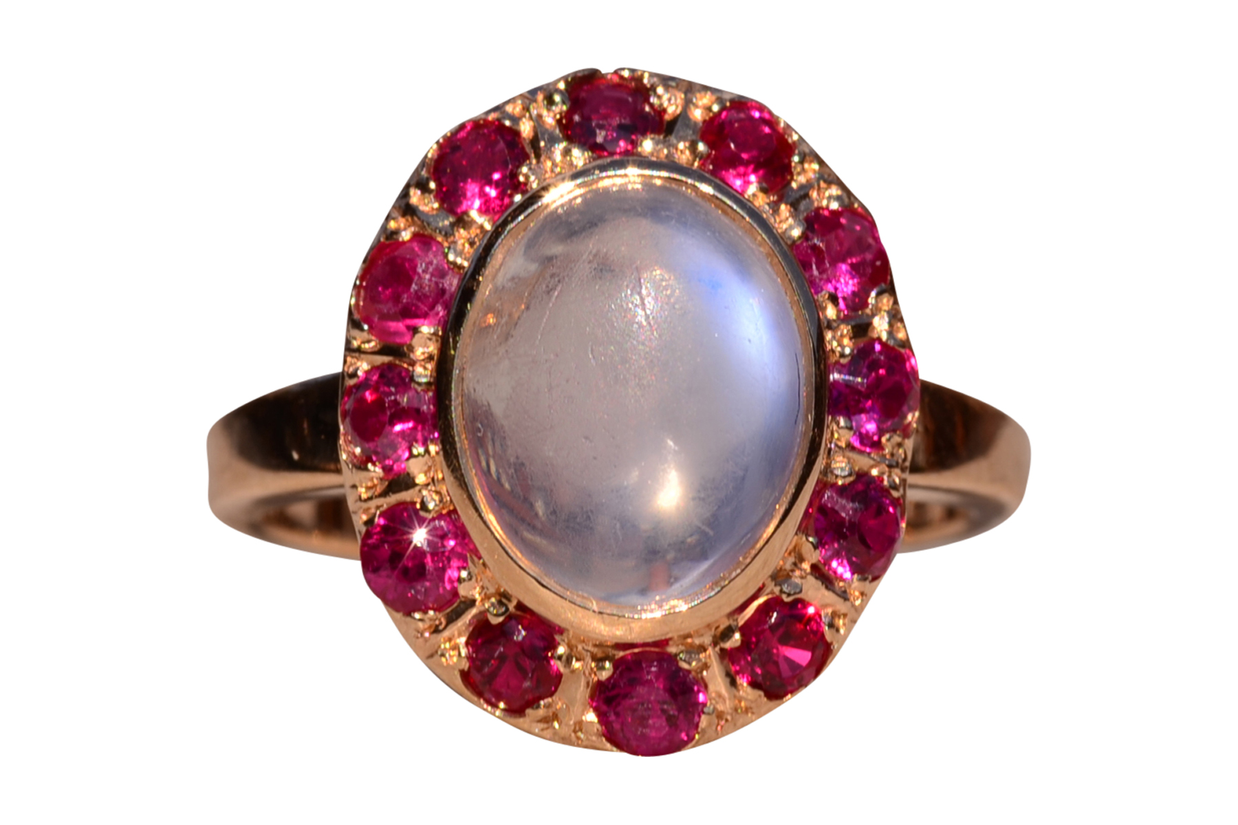 SOLD - The Delamere: Ladies Vintage 14K Moonstone and Ruby Halo Cocktail Ring
