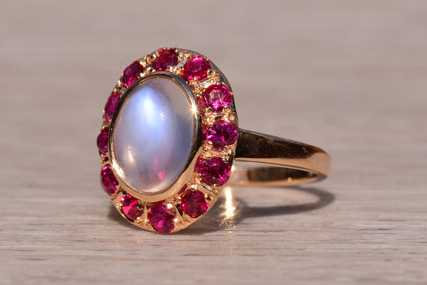 SOLD - The Delamere: Ladies Vintage 14K Moonstone and Ruby Halo Cocktail Ring - Image 3