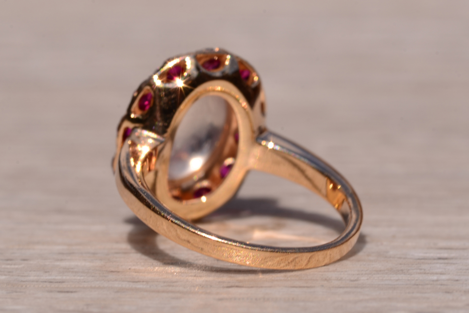 SOLD - The Delamere: Ladies Vintage 14K Moonstone and Ruby Halo Cocktail Ring - Image 4