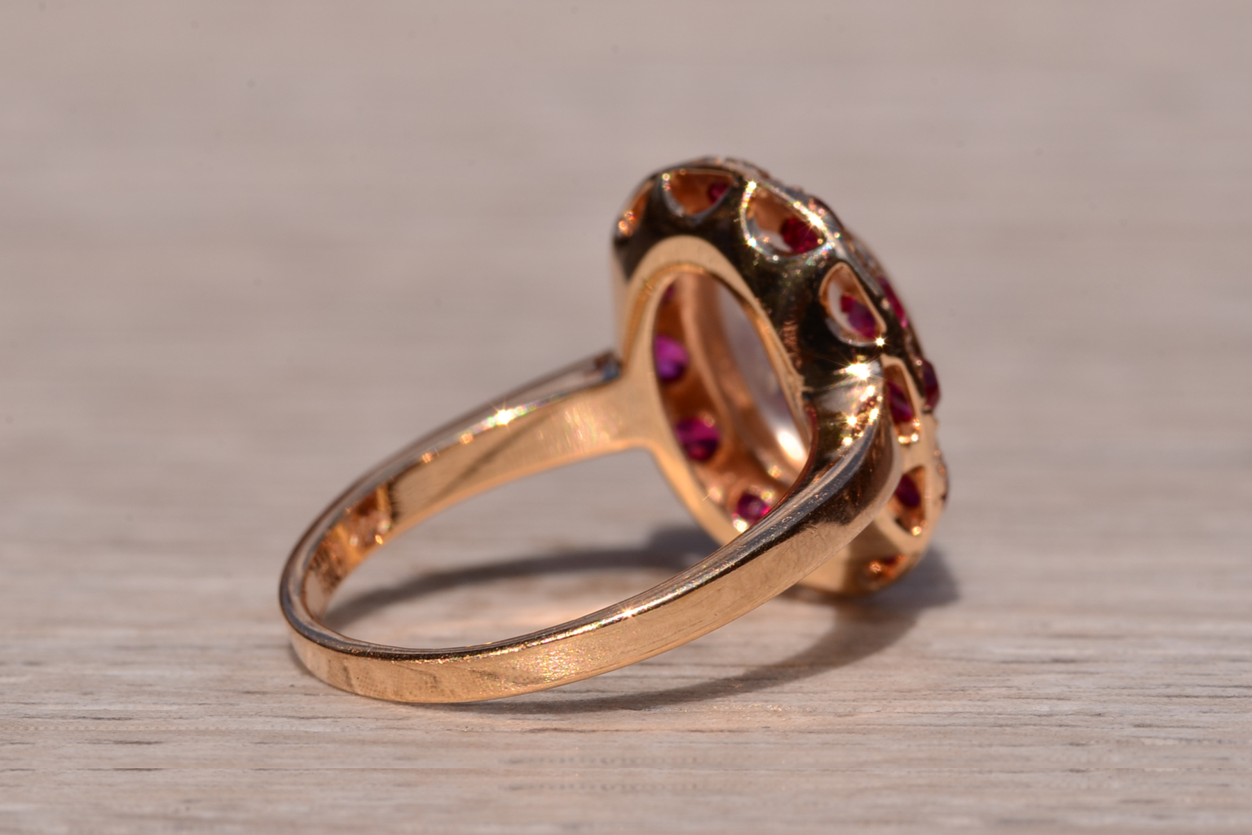 SOLD - The Delamere: Ladies Vintage 14K Moonstone and Ruby Halo Cocktail Ring - Image 5