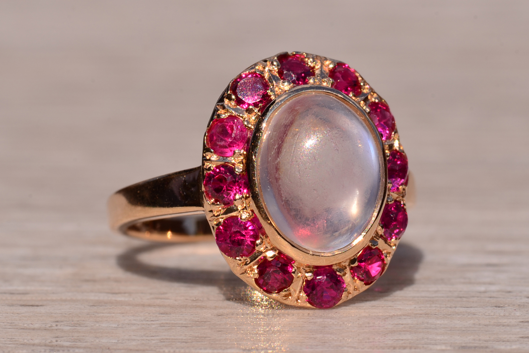 SOLD - The Delamere: Ladies Vintage 14K Moonstone and Ruby Halo Cocktail Ring - Image 6