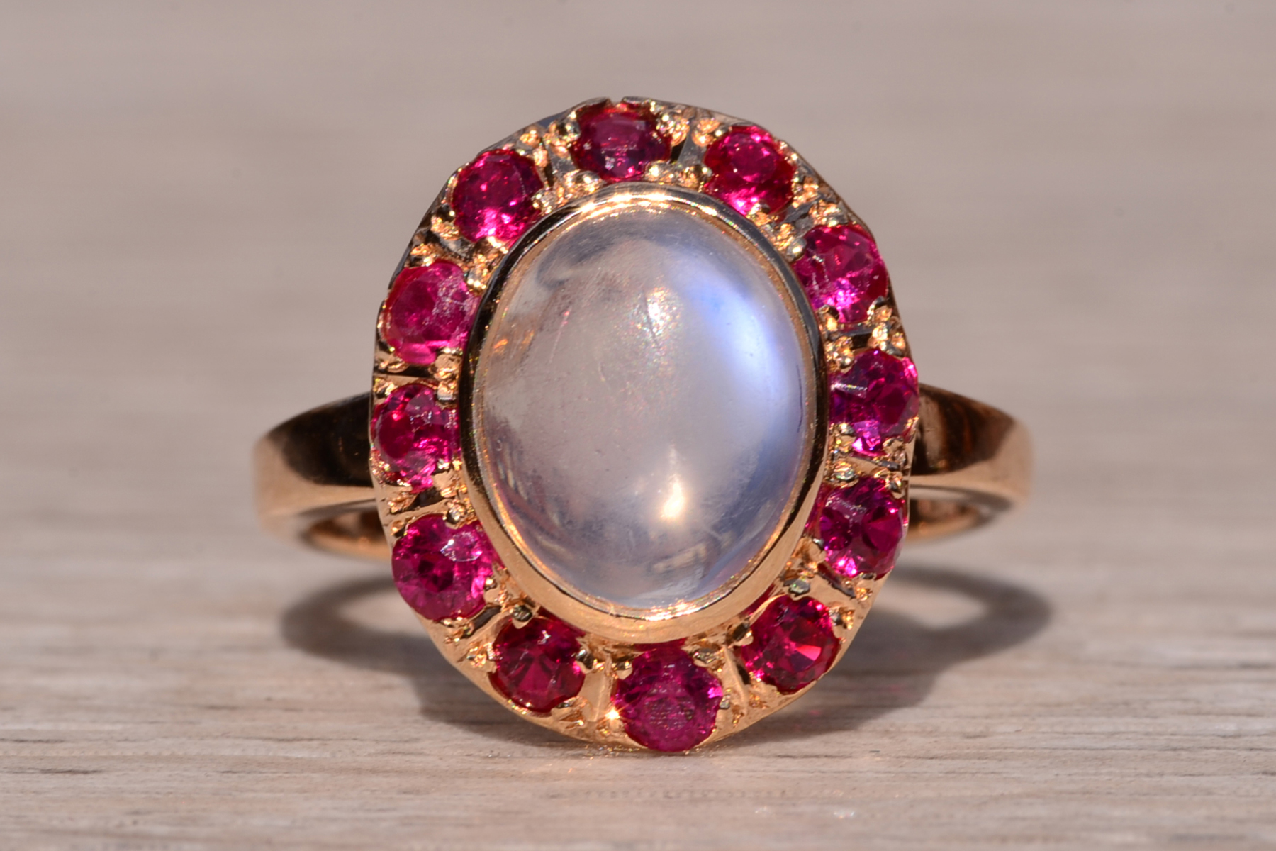 SOLD - The Delamere: Ladies Vintage 14K Moonstone and Ruby Halo Cocktail Ring - Image 7