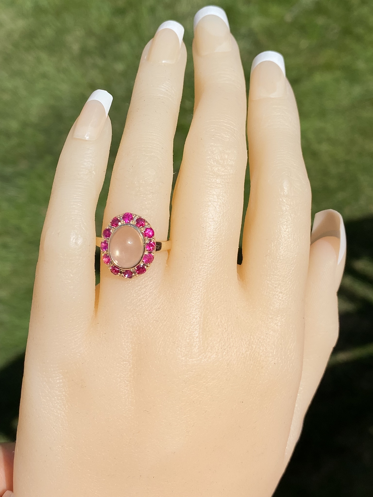SOLD - The Delamere: Ladies Vintage 14K Moonstone and Ruby Halo Cocktail Ring - Image 8