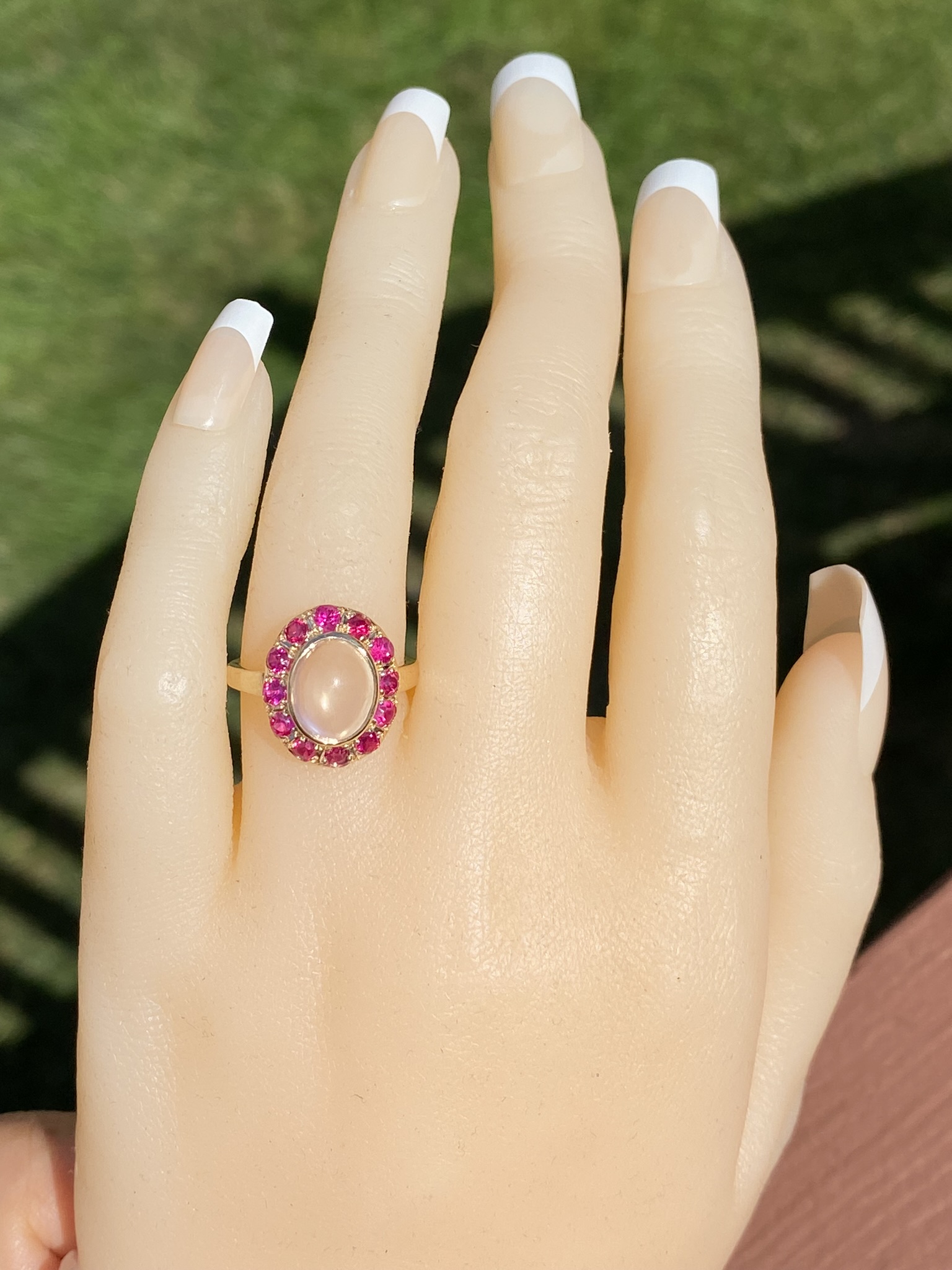 SOLD - The Delamere: Ladies Vintage 14K Moonstone and Ruby Halo Cocktail Ring - Image 9