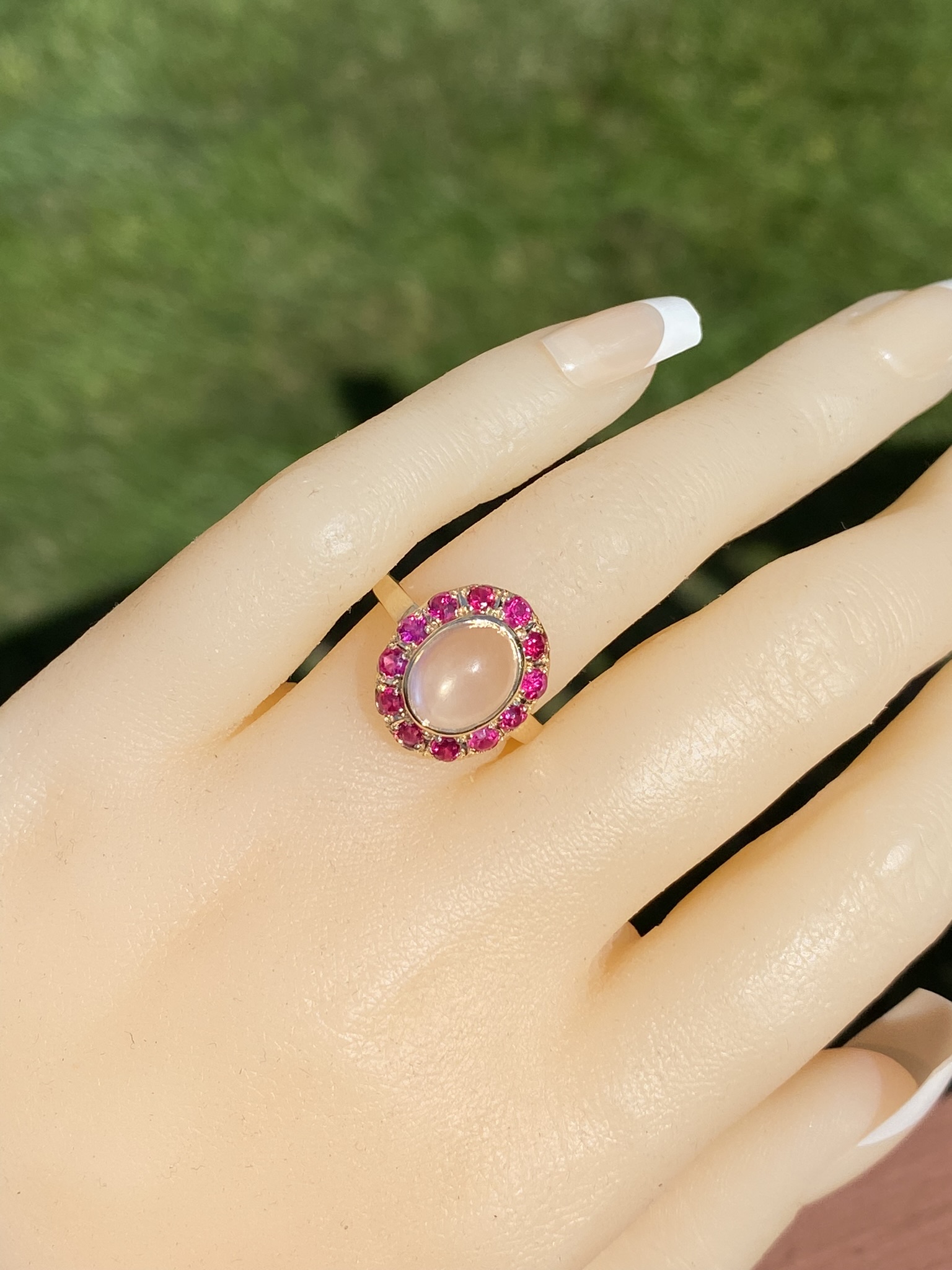 SOLD - The Delamere: Ladies Vintage 14K Moonstone and Ruby Halo Cocktail Ring - Image 10