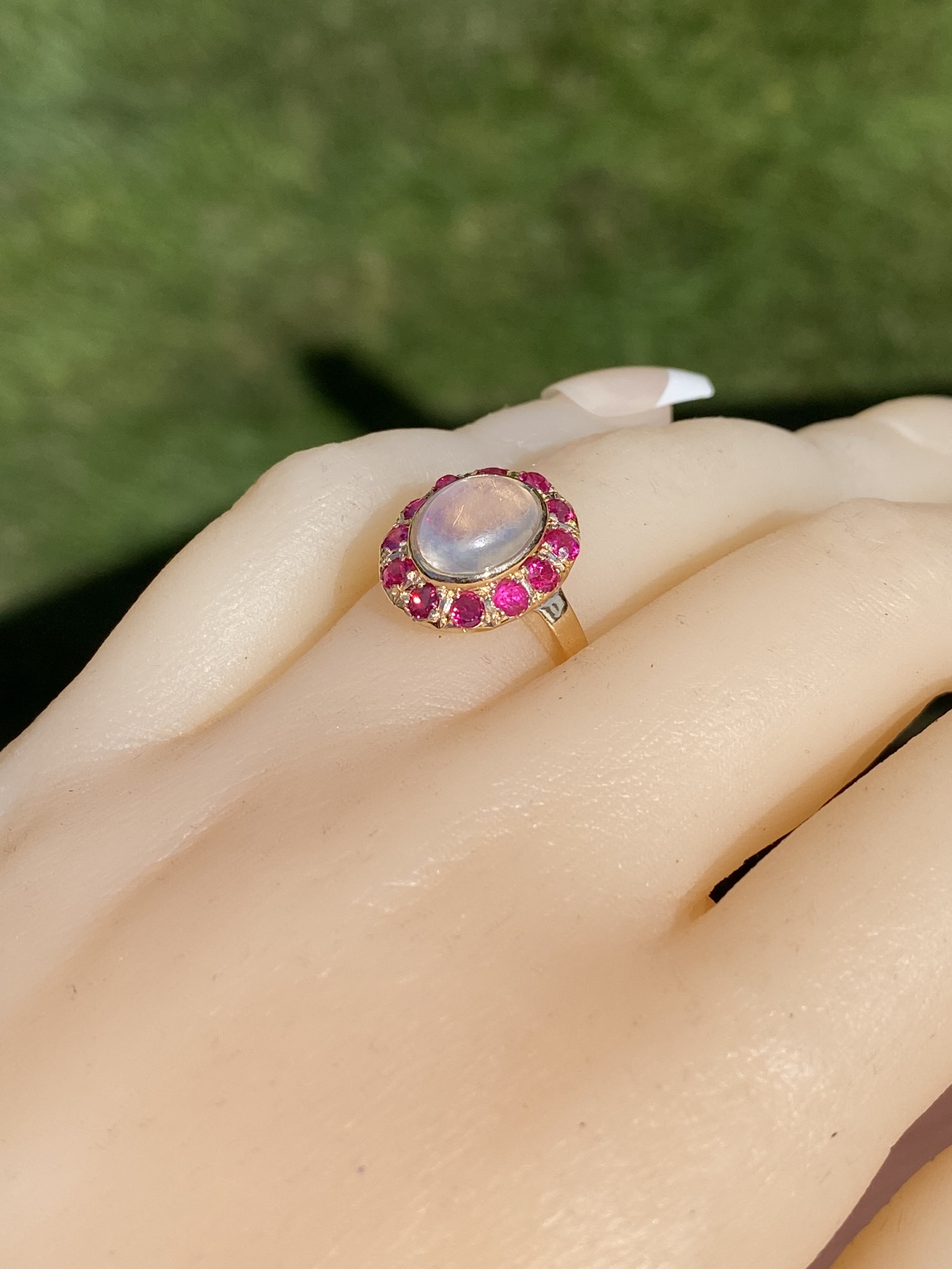 SOLD - The Delamere: Ladies Vintage 14K Moonstone and Ruby Halo Cocktail Ring - Image 11