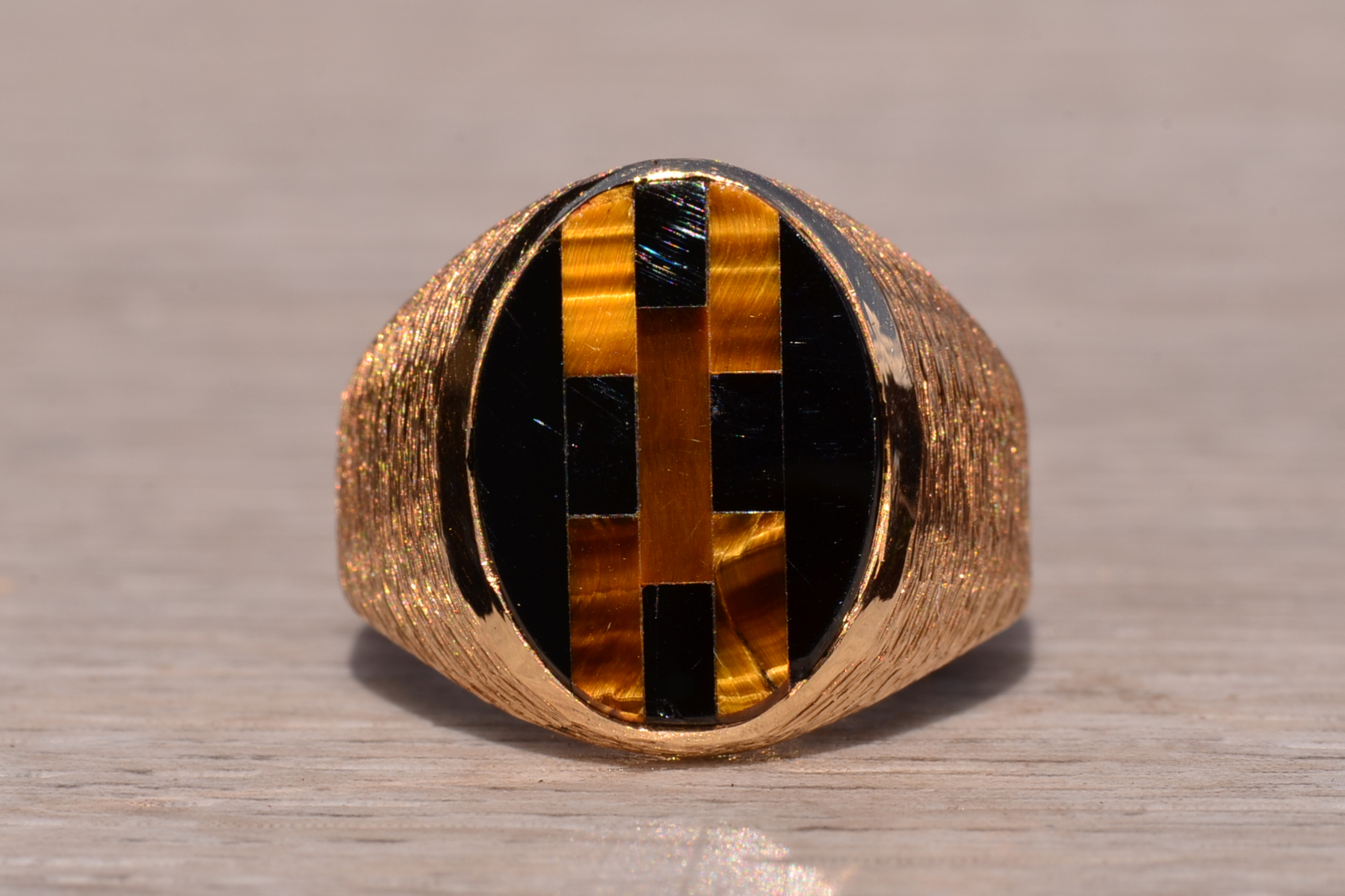 SOLD - The Gilroyd: Gentlemen's 14K Inlaid Tiger's Eye and Onyx Cocktail Ring - Image 2