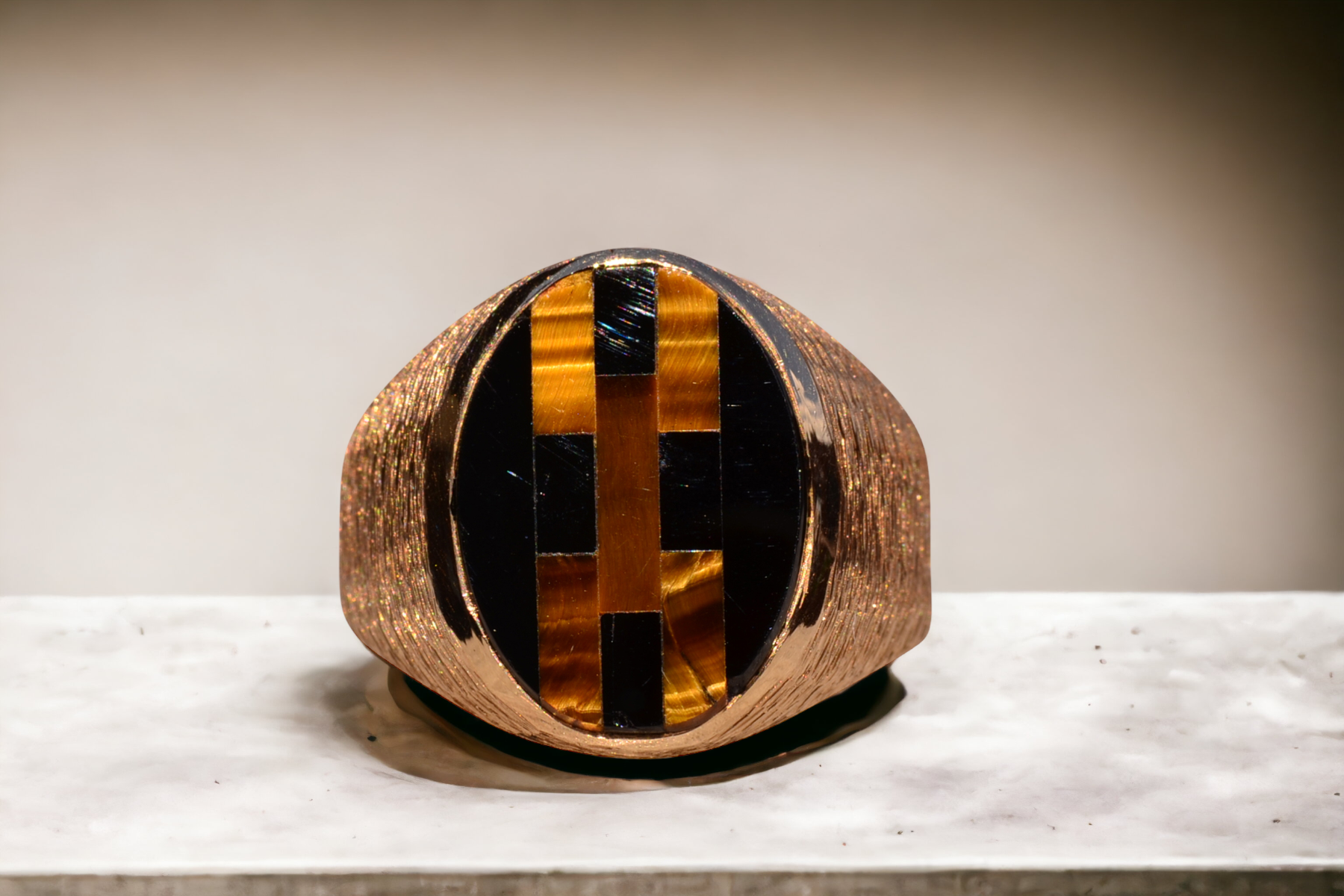 SOLD - The Gilroyd: Gentlemen's 14K Inlaid Tiger's Eye and Onyx Cocktail Ring - Image 8