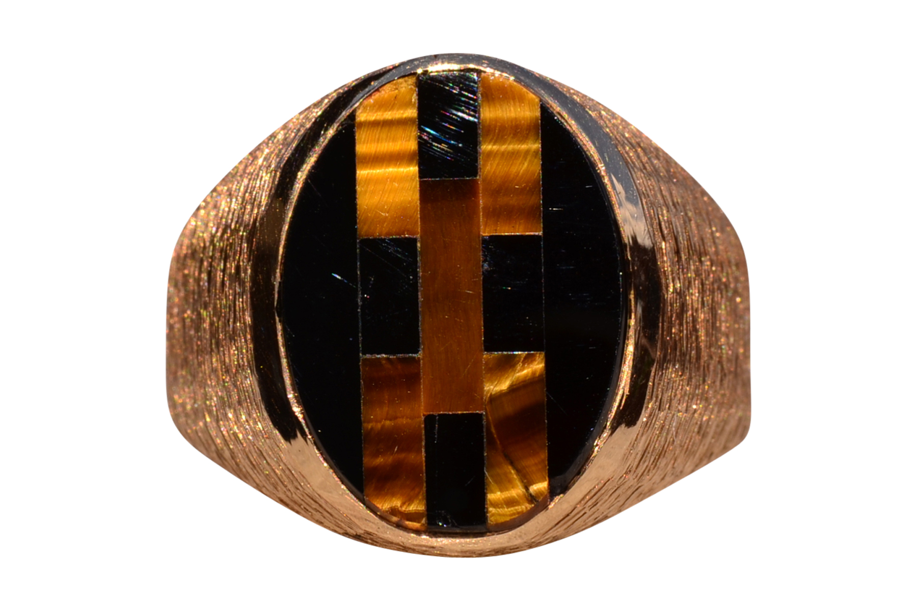 SOLD - The Gilroyd: Gentlemen's 14K Inlaid Tiger's Eye and Onyx Cocktail Ring