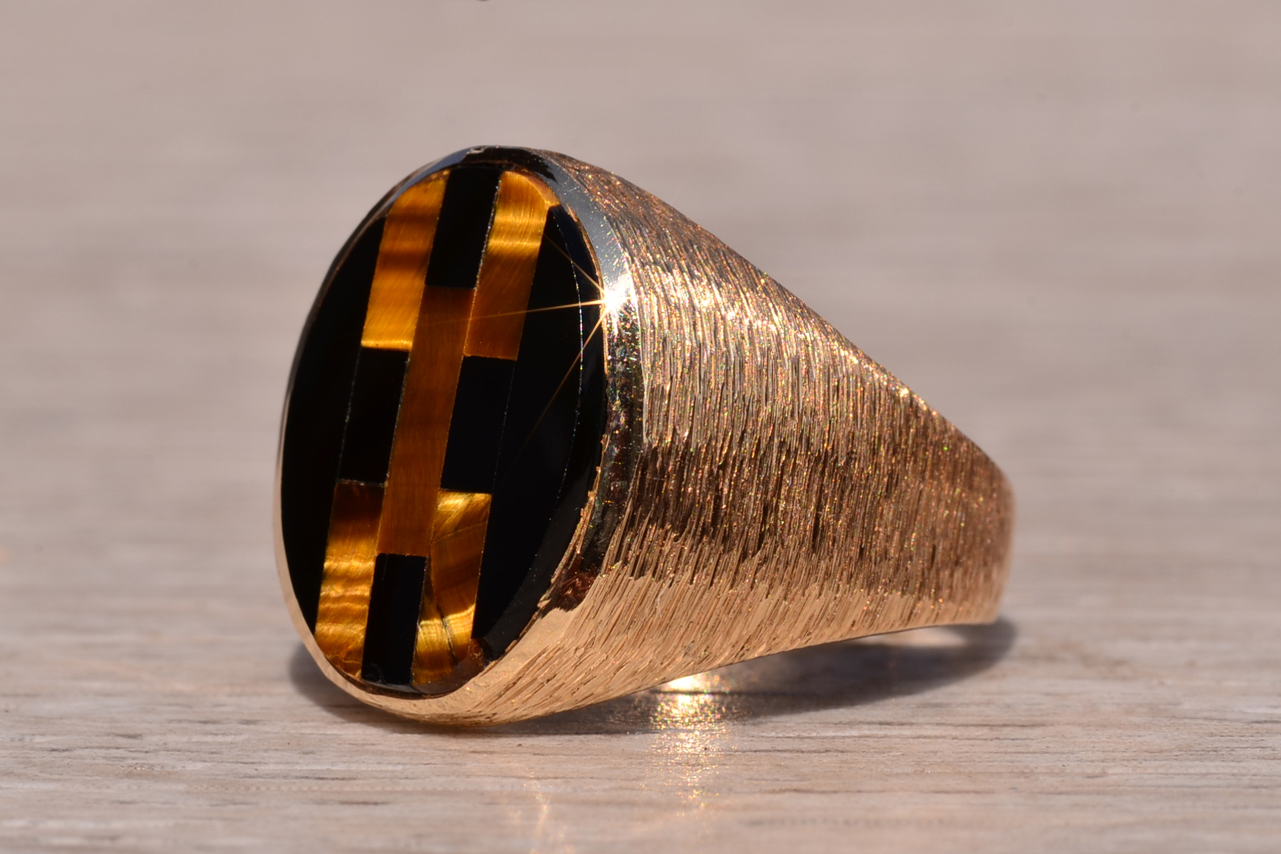 SOLD - The Gilroyd: Gentlemen's 14K Inlaid Tiger's Eye and Onyx Cocktail Ring - Image 3