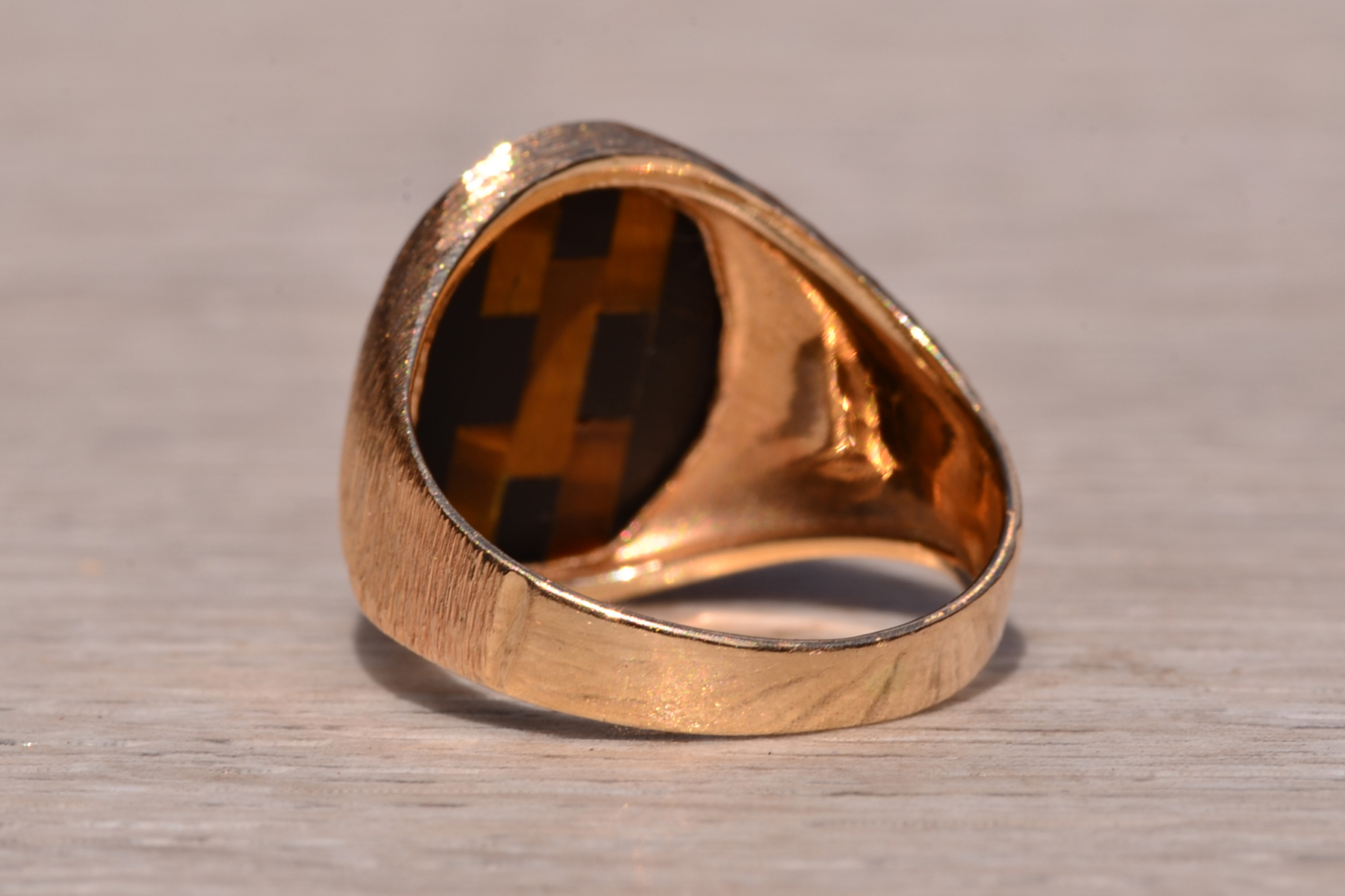 SOLD - The Gilroyd: Gentlemen's 14K Inlaid Tiger's Eye and Onyx Cocktail Ring - Image 4