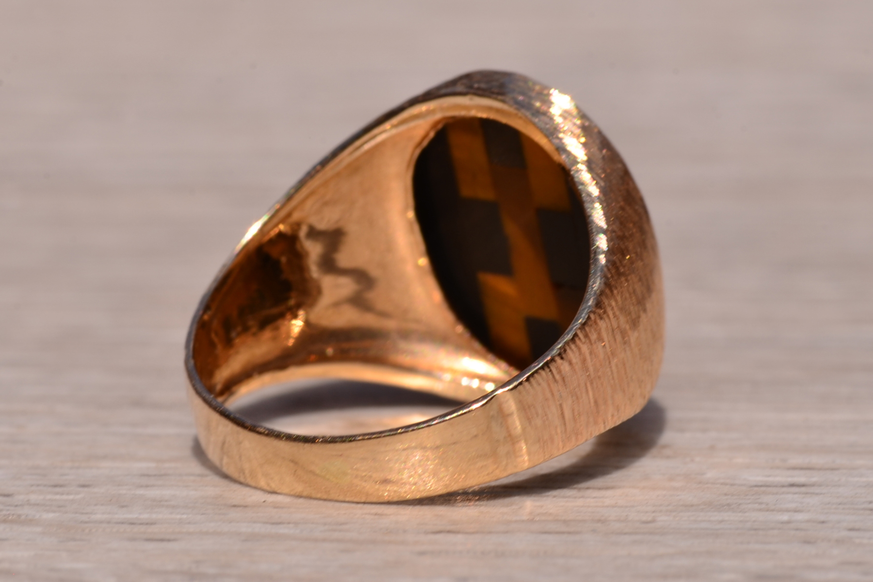 SOLD - The Gilroyd: Gentlemen's 14K Inlaid Tiger's Eye and Onyx Cocktail Ring - Image 5