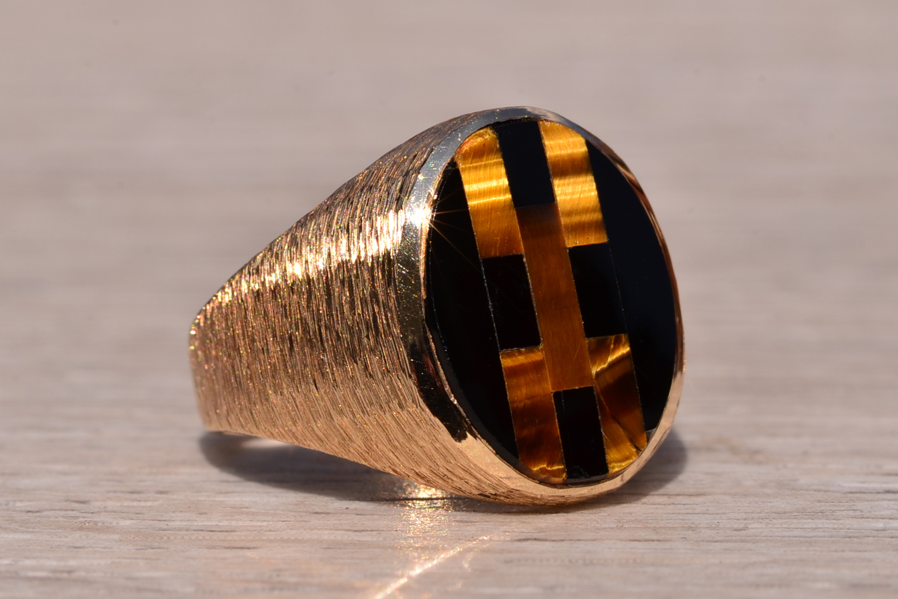 SOLD - The Gilroyd: Gentlemen's 14K Inlaid Tiger's Eye and Onyx Cocktail Ring - Image 6
