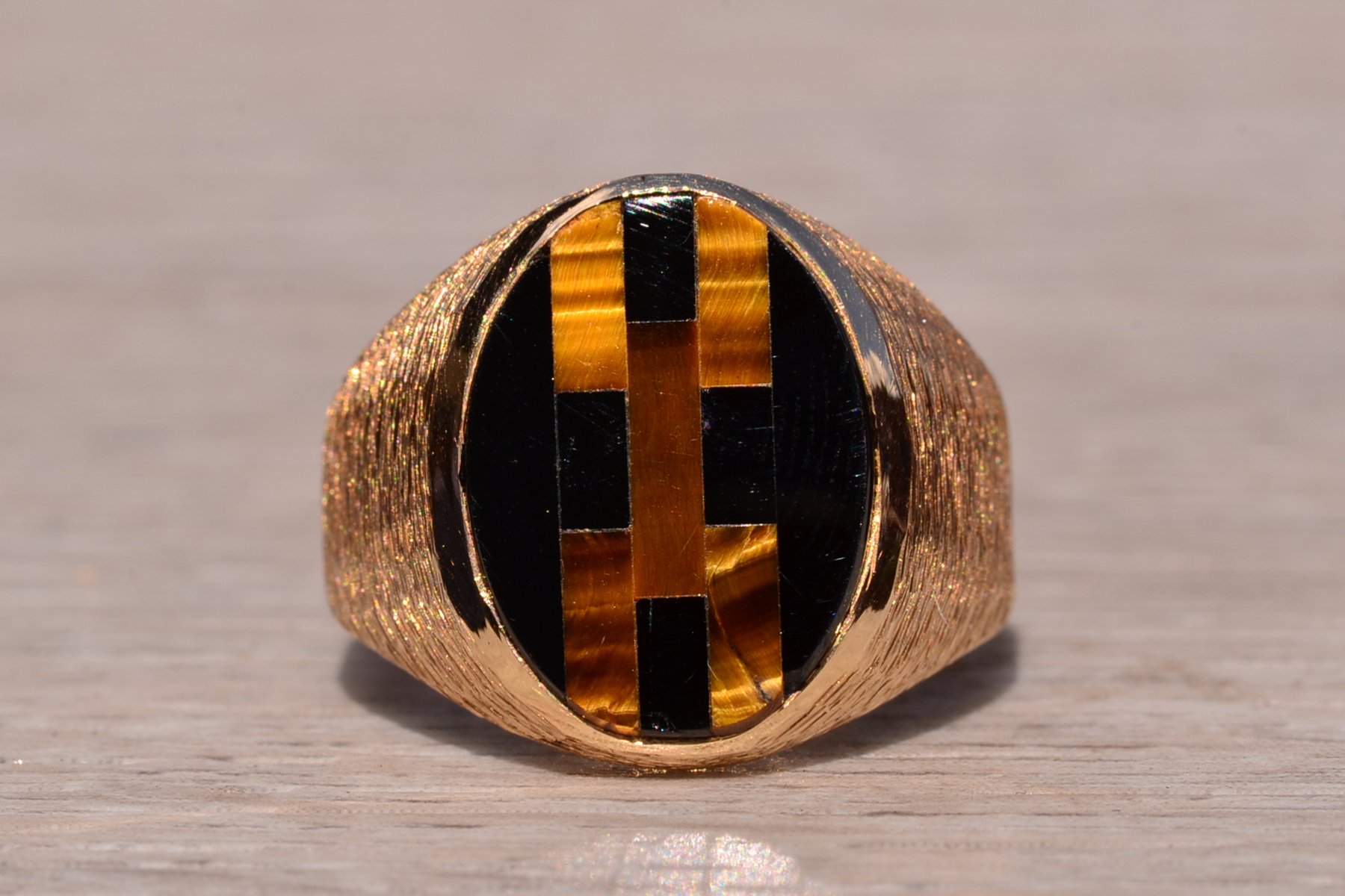 SOLD - The Gilroyd: Gentlemen's 14K Inlaid Tiger's Eye and Onyx Cocktail Ring - Image 7