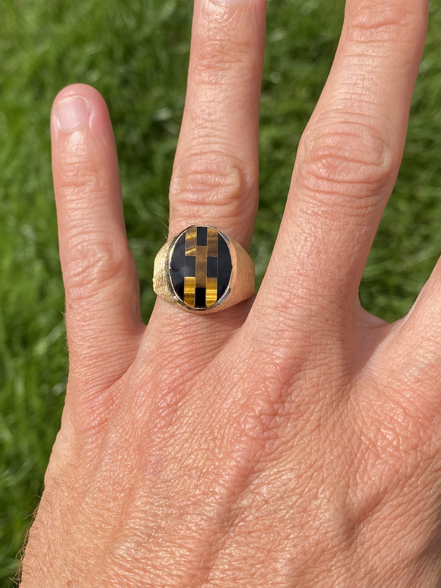 SOLD - The Gilroyd: Gentlemen's 14K Inlaid Tiger's Eye and Onyx Cocktail Ring - Image 9