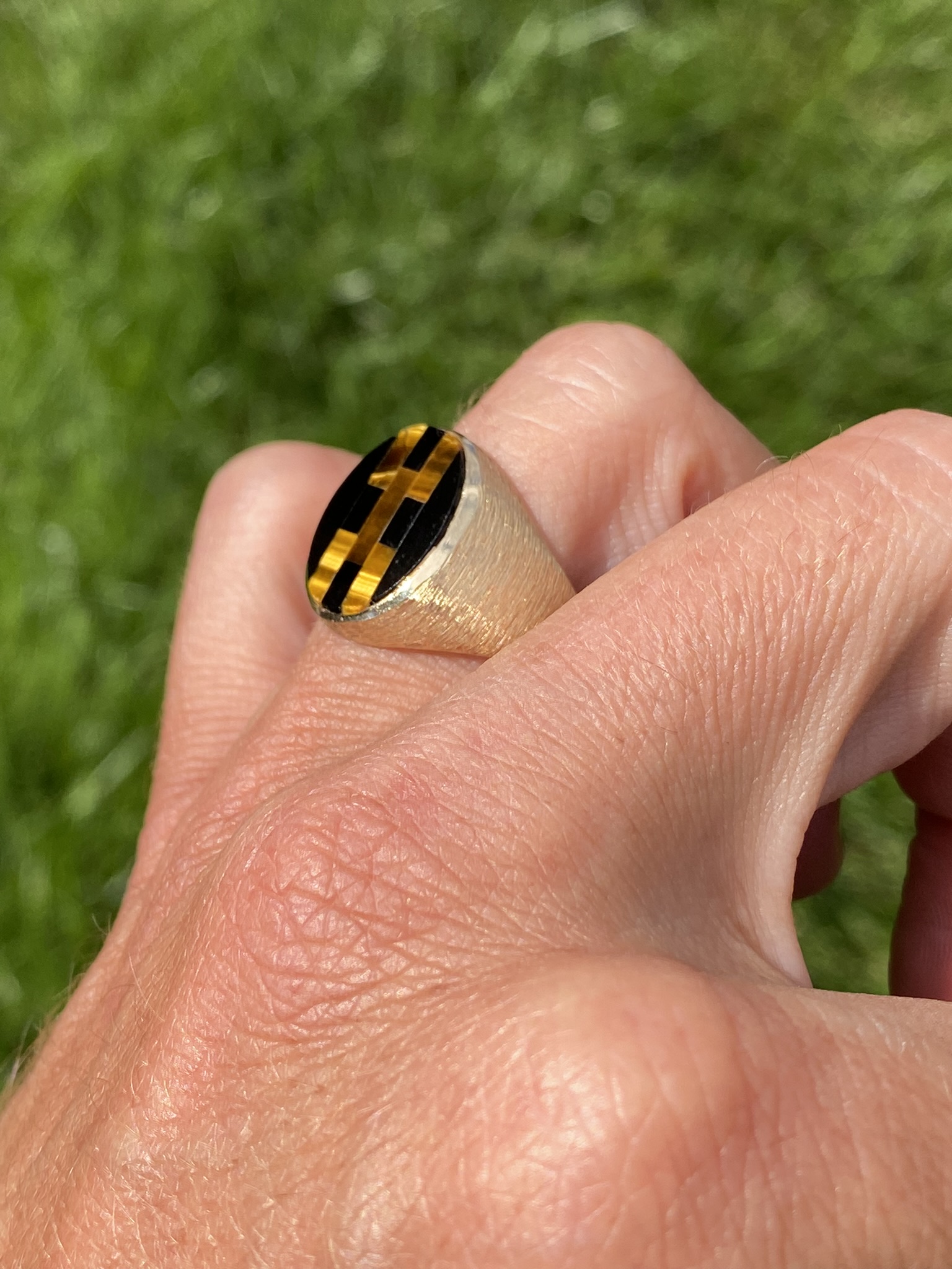 SOLD - The Gilroyd: Gentlemen's 14K Inlaid Tiger's Eye and Onyx Cocktail Ring - Image 10
