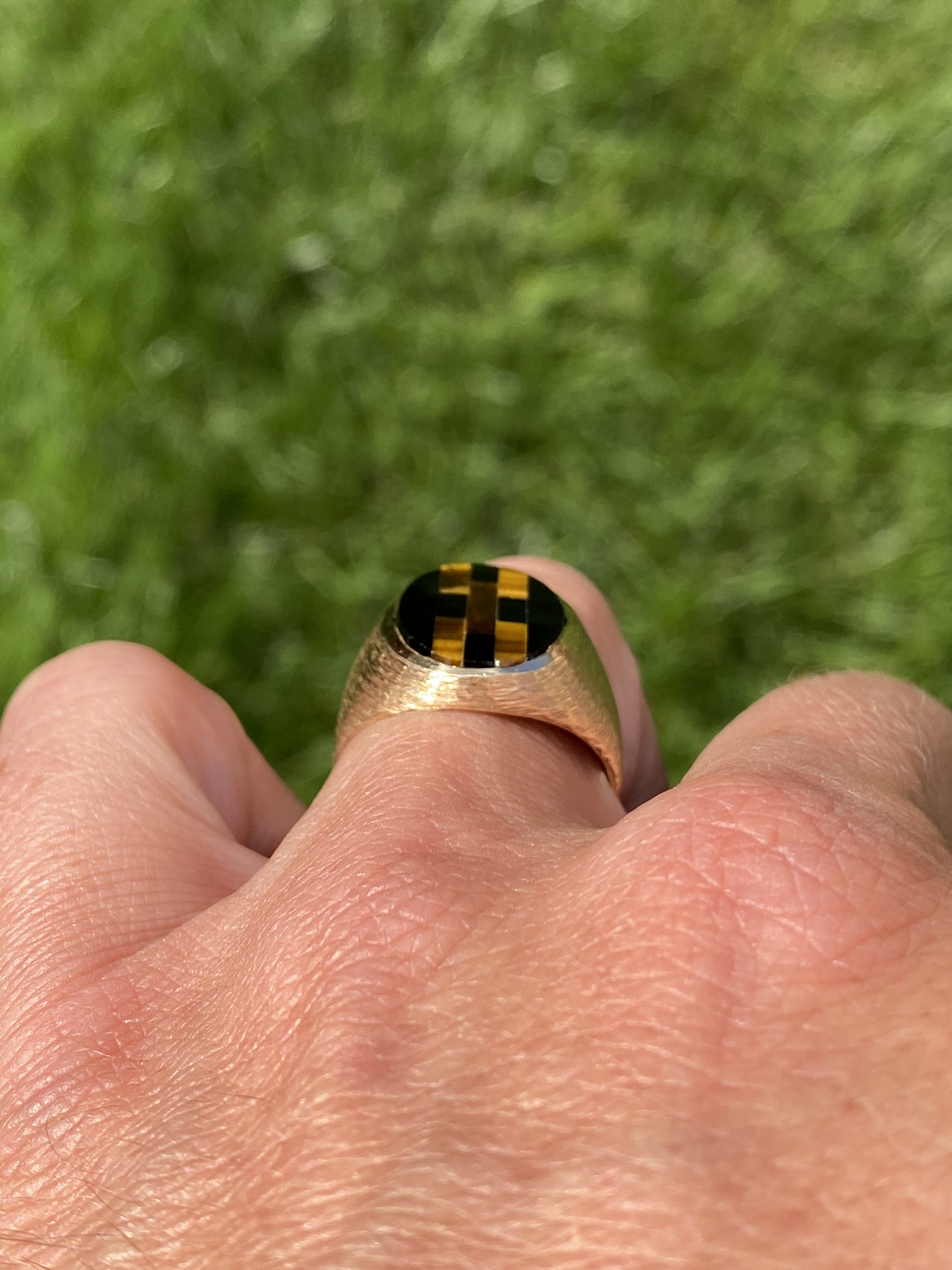 SOLD - The Gilroyd: Gentlemen's 14K Inlaid Tiger's Eye and Onyx Cocktail Ring - Image 11