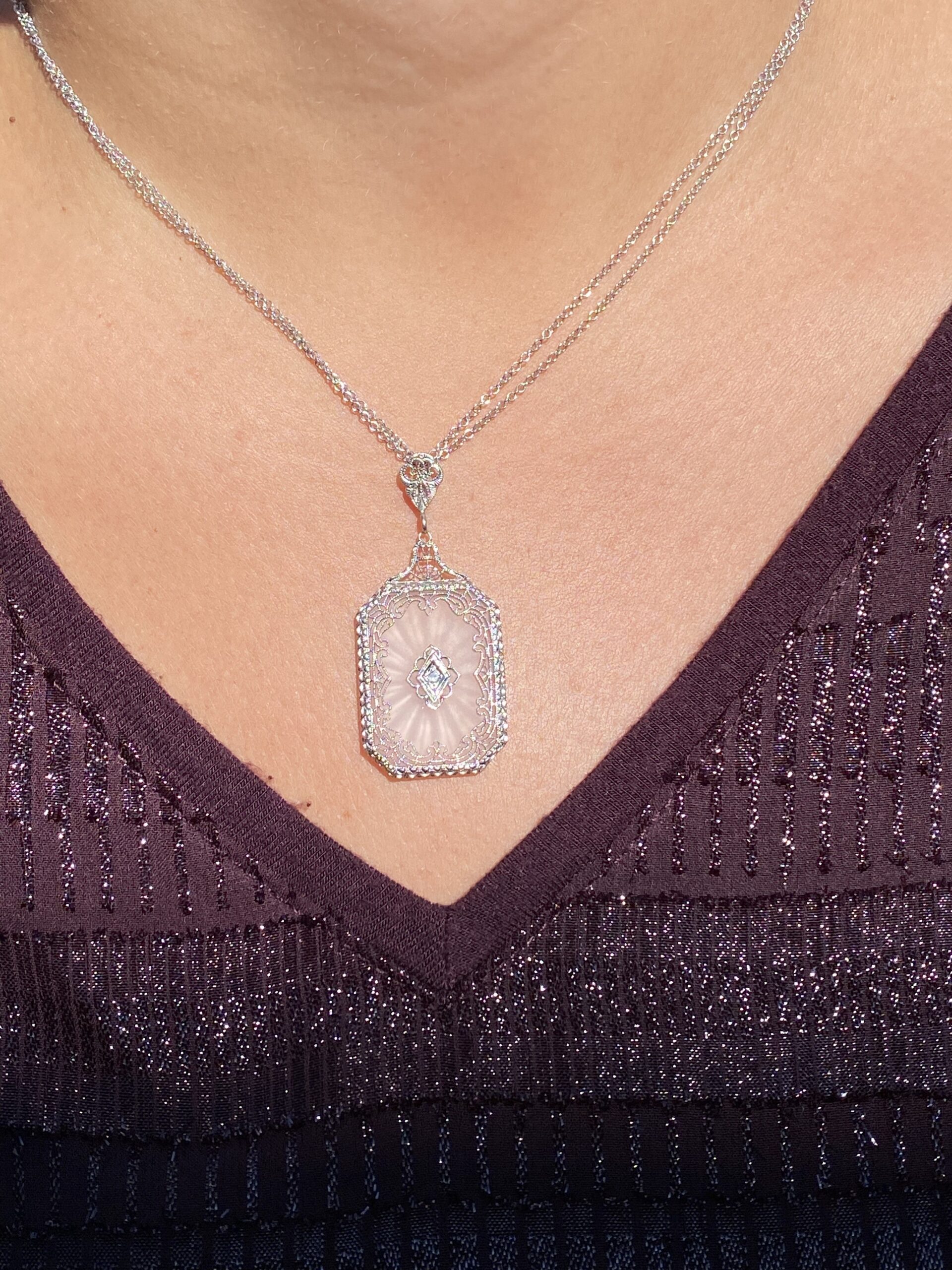 The 21st Street: Antique Art Deco Camphor Glass Pendant with Diamond - Image 4