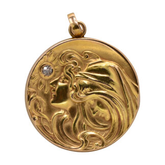 SOLD - The 22nd Street: Art Nouveau Lady Pendant Locket with Old Mine Cut Diamond in Yellow Gold