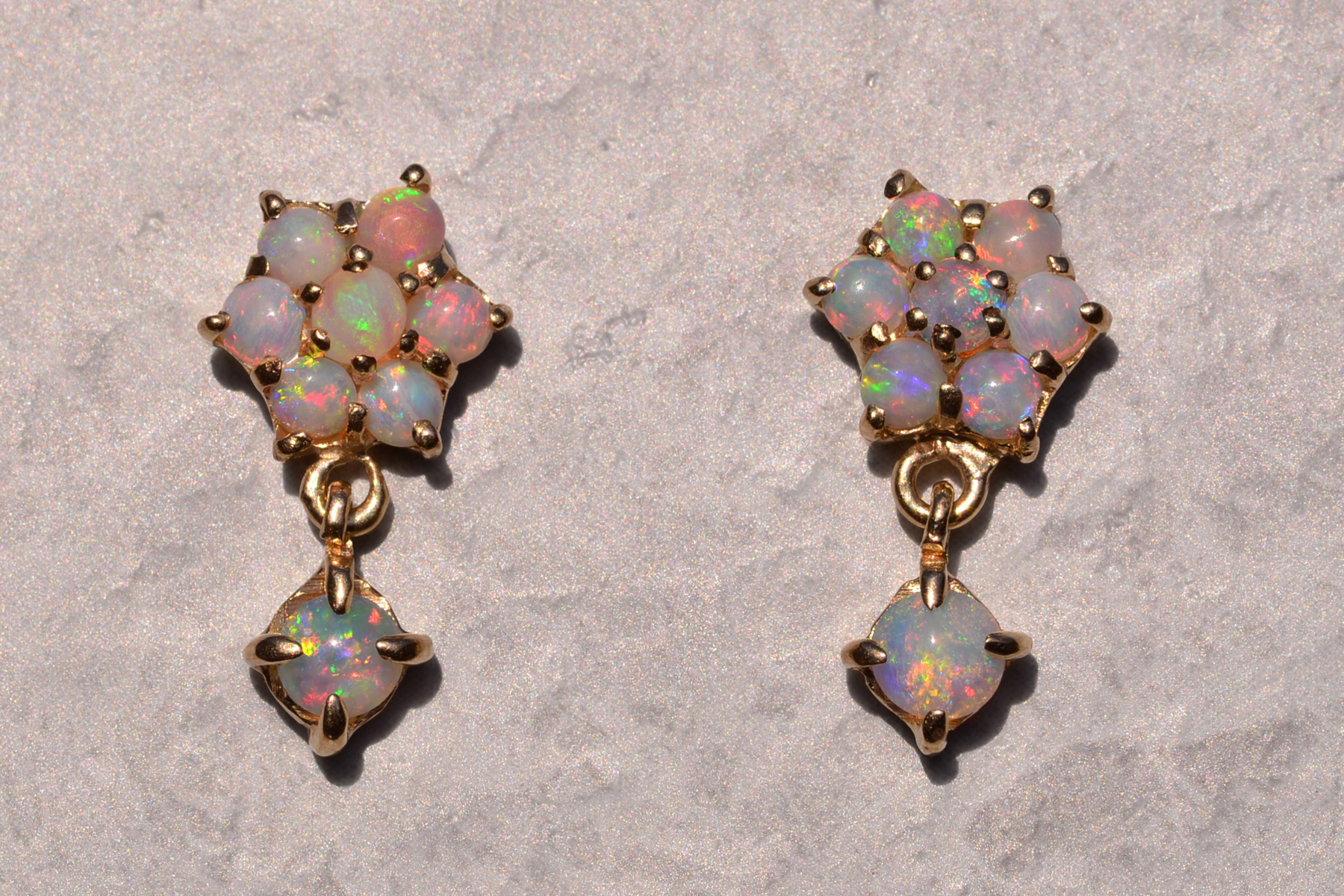 SOLD - The 177th Street: Vintage Australian Opal Cluster and Dangler Earrings in Yellow Gold - Image 2