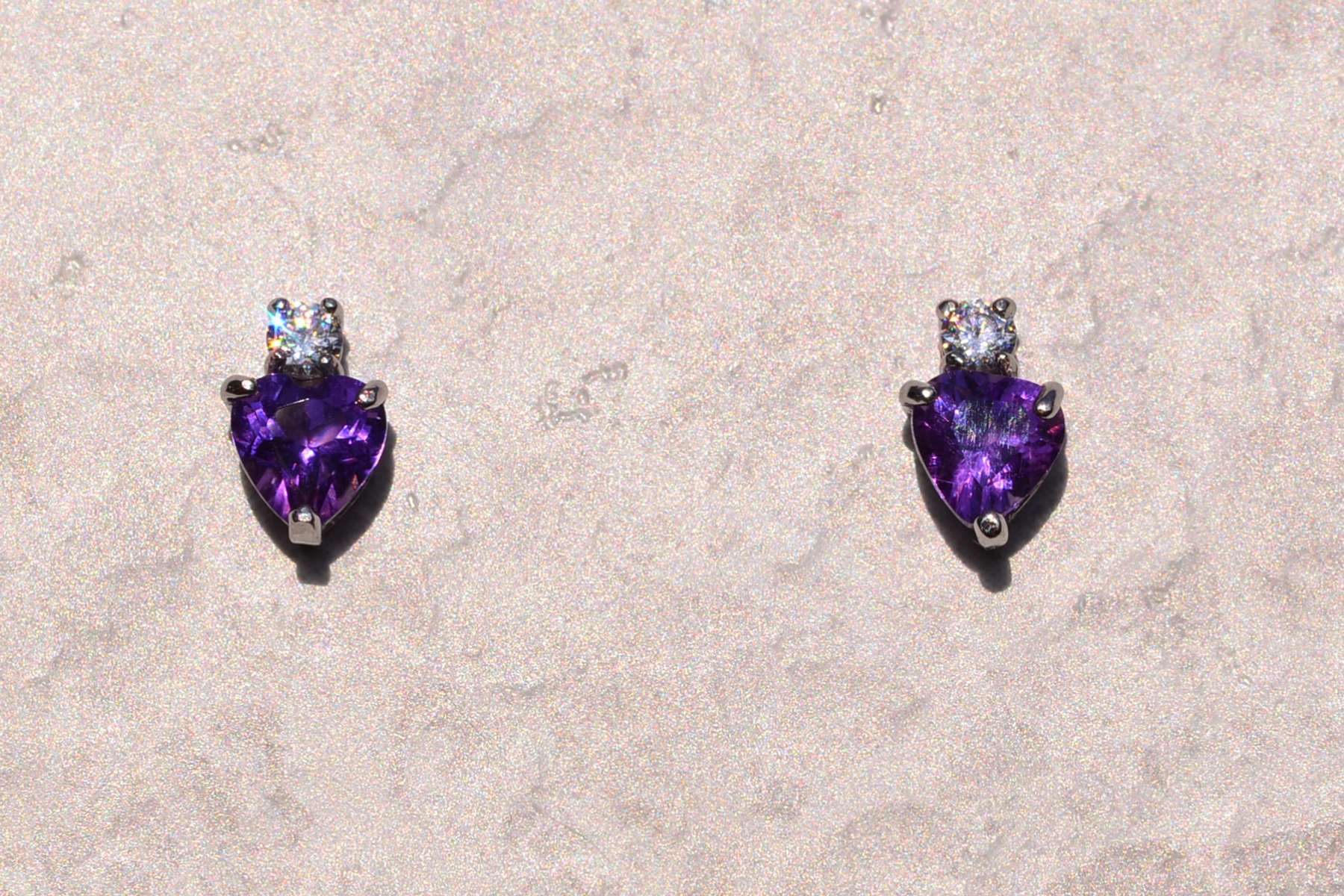 SOLD - The 176th Street: Heart Shaped Amethyst and Diamond Stud Earrings - Image 2