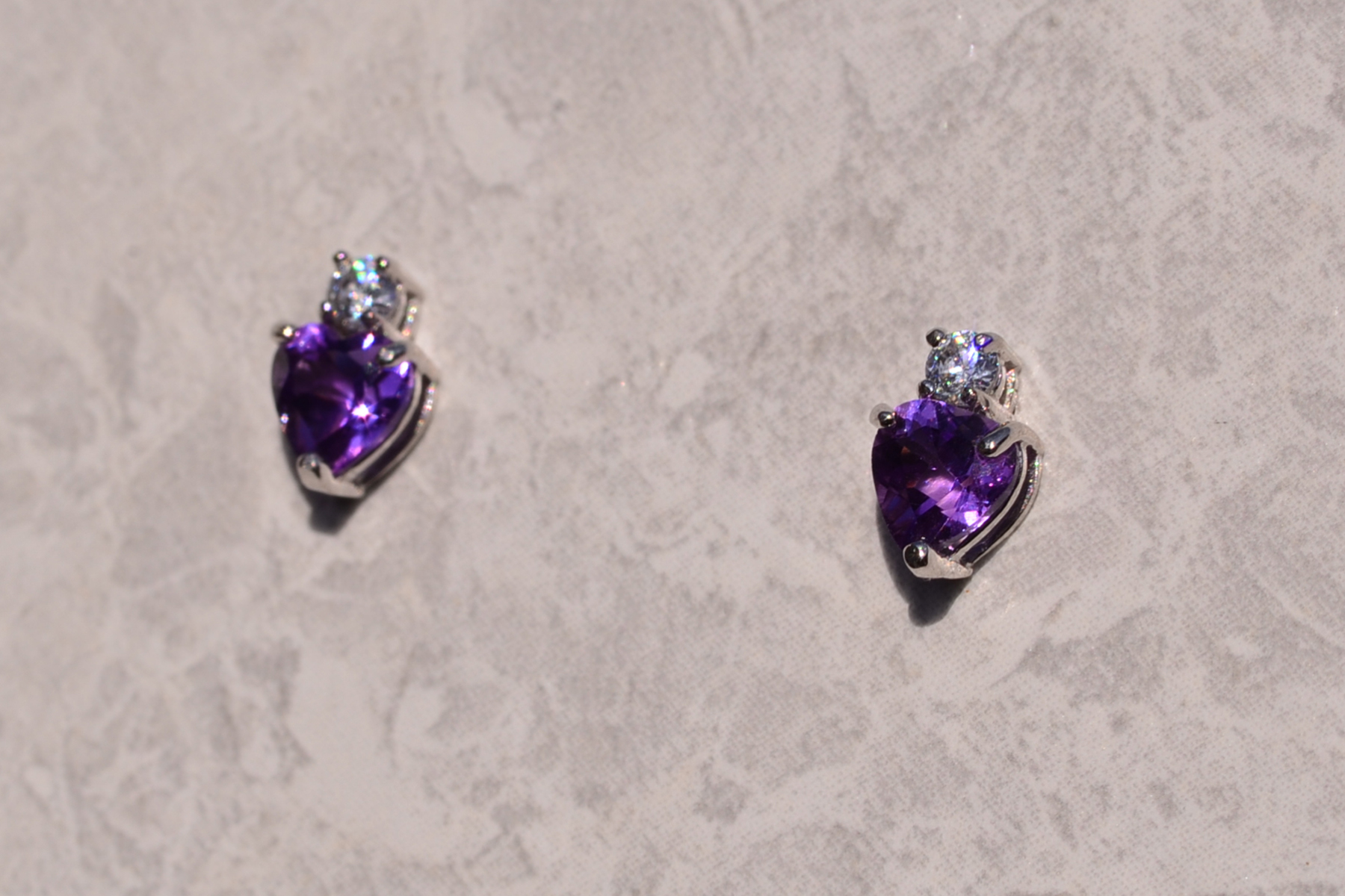 SOLD - The 176th Street: Heart Shaped Amethyst and Diamond Stud Earrings - Image 3