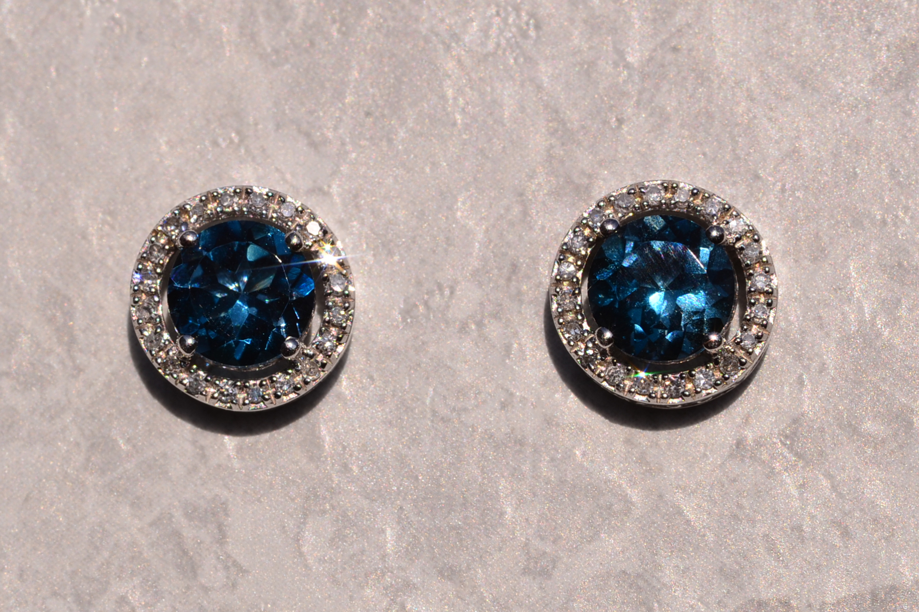 SOLD - The 194th Street: London Blue Topaz and Diamond Halo Earrings - Image 2