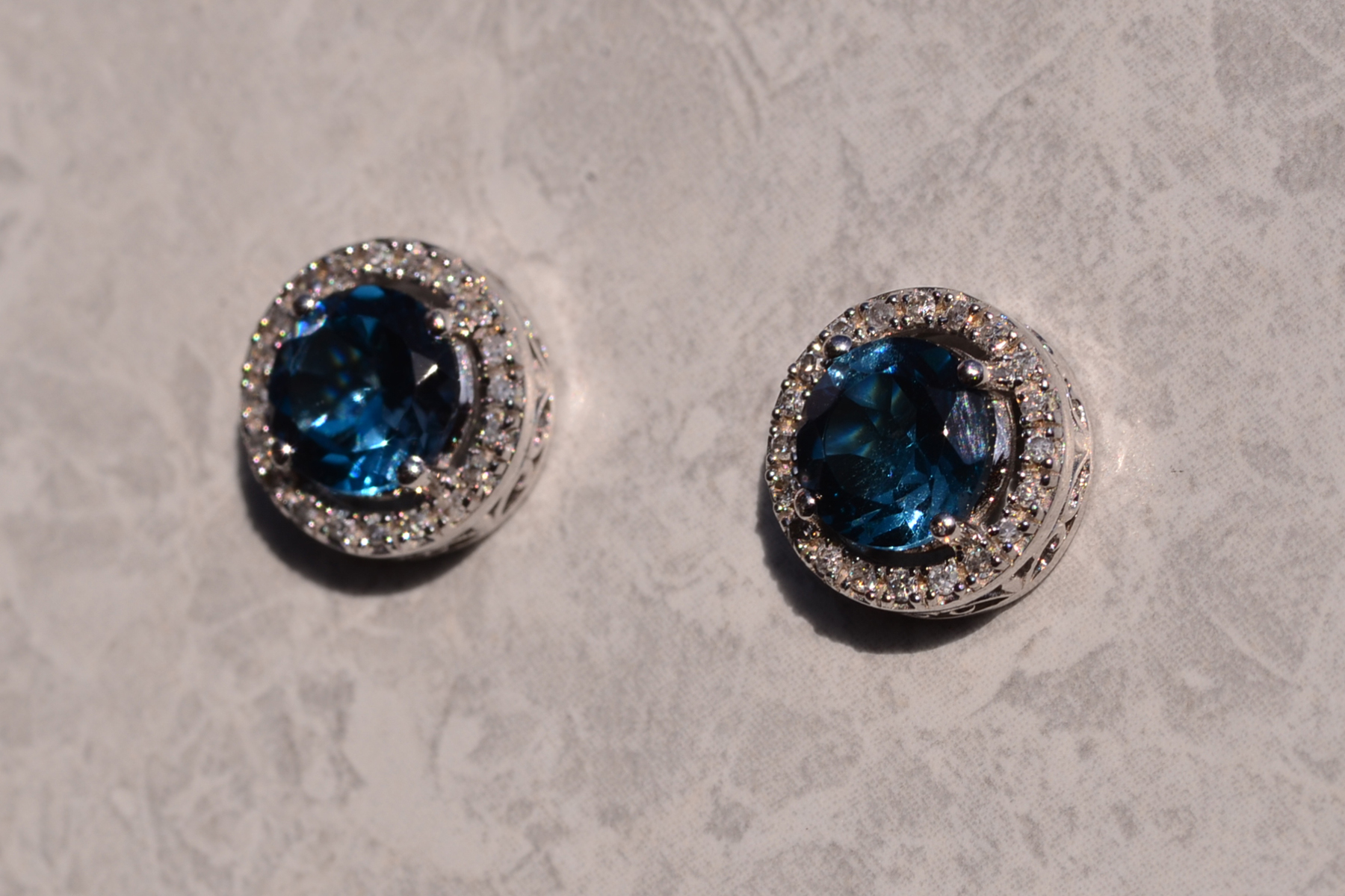 SOLD - The 194th Street: London Blue Topaz and Diamond Halo Earrings - Image 3