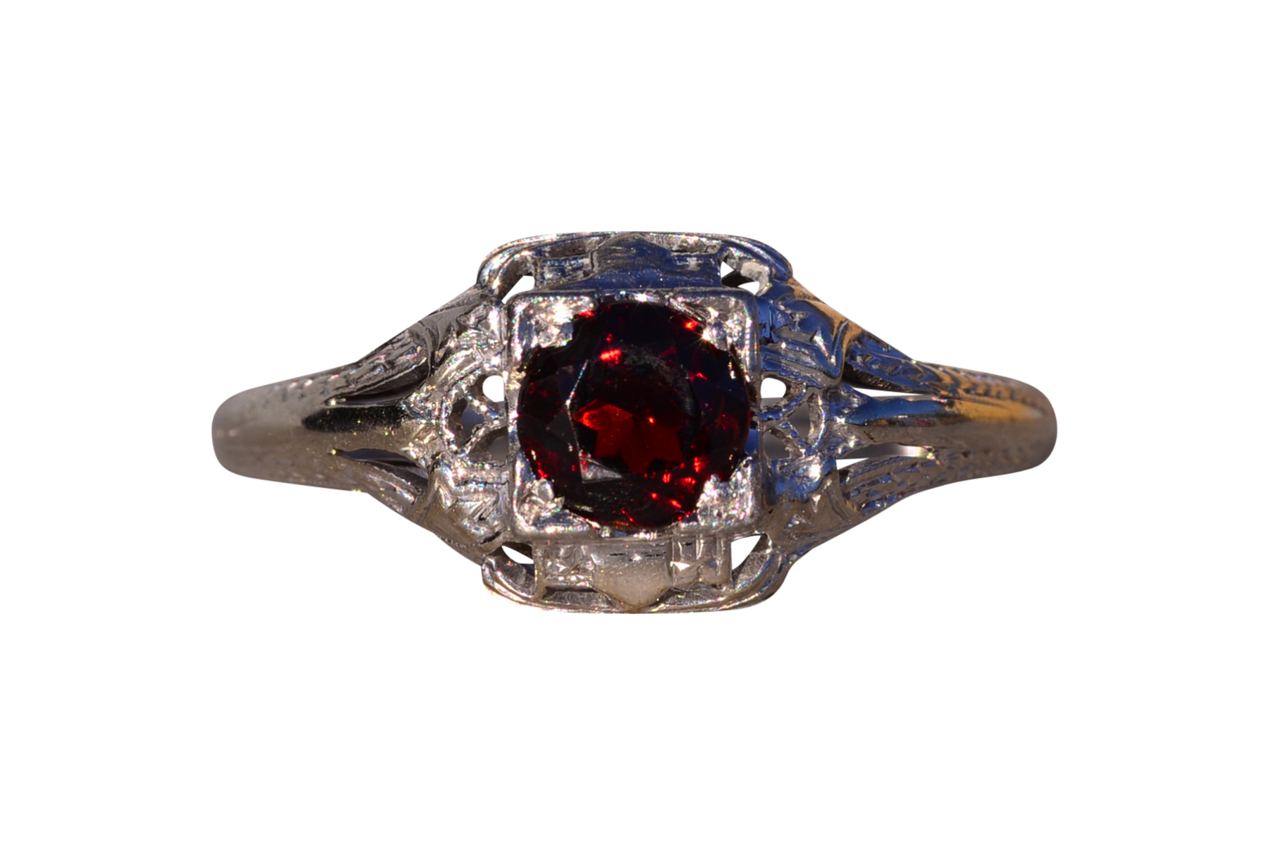 SOLD - The Senlis: Antique Art Deco Filigree Garnet Ring in White Gold