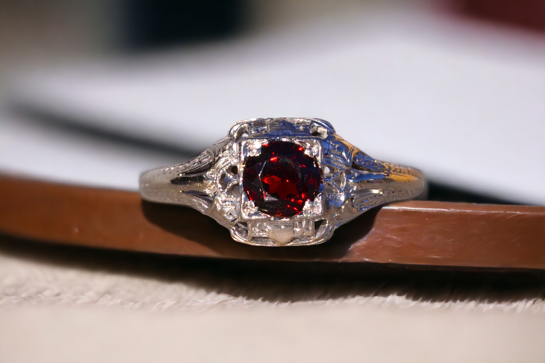 SOLD - The Senlis: Antique Art Deco Filigree Garnet Ring in White Gold - Image 11