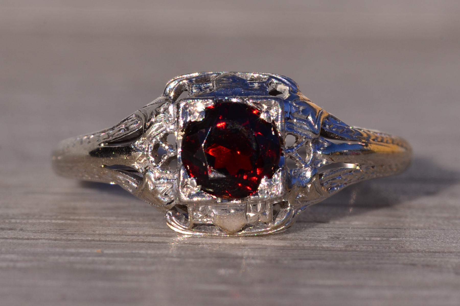 SOLD - The Senlis: Antique Art Deco Filigree Garnet Ring in White Gold - Image 2