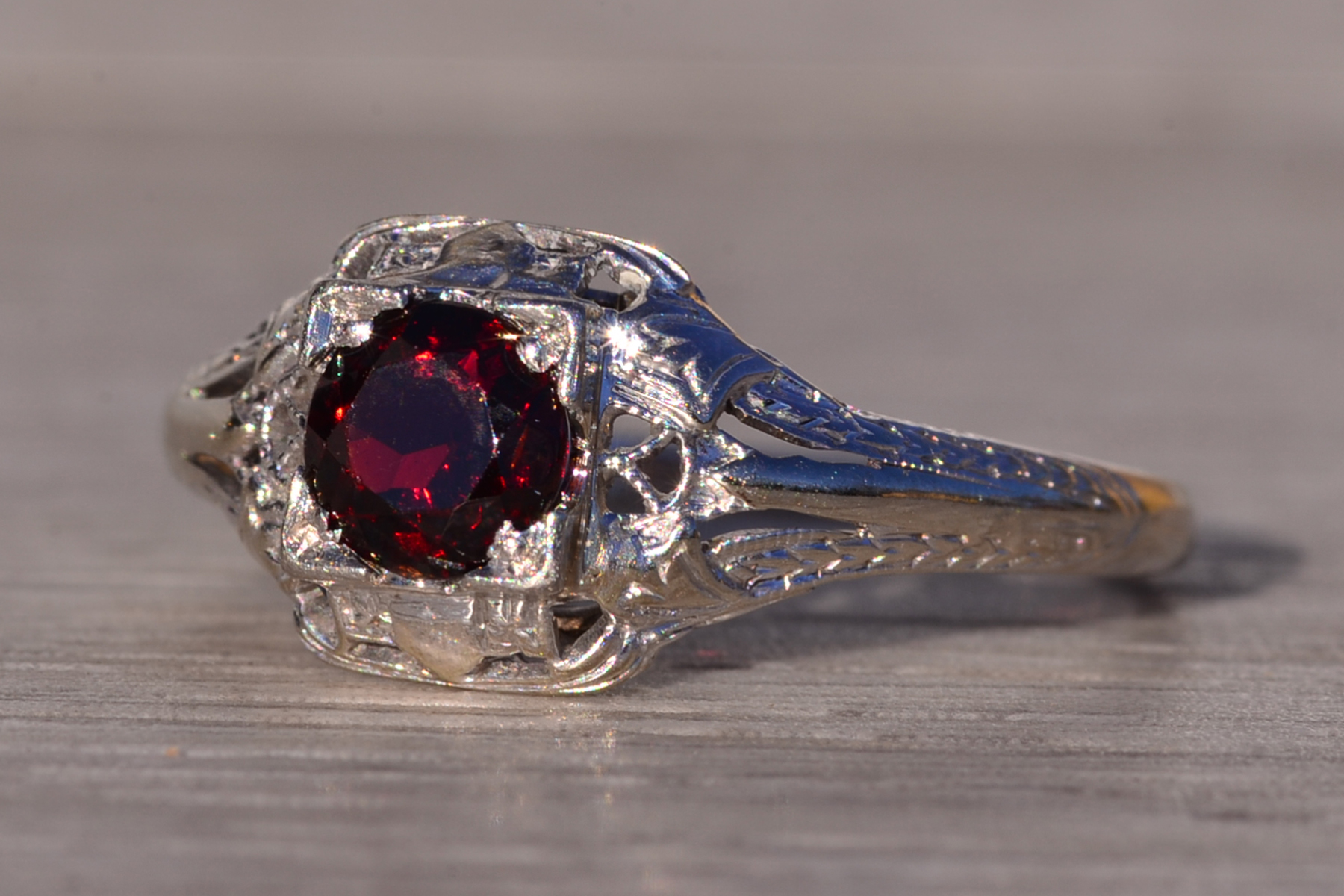 SOLD - The Senlis: Antique Art Deco Filigree Garnet Ring in White Gold - Image 3