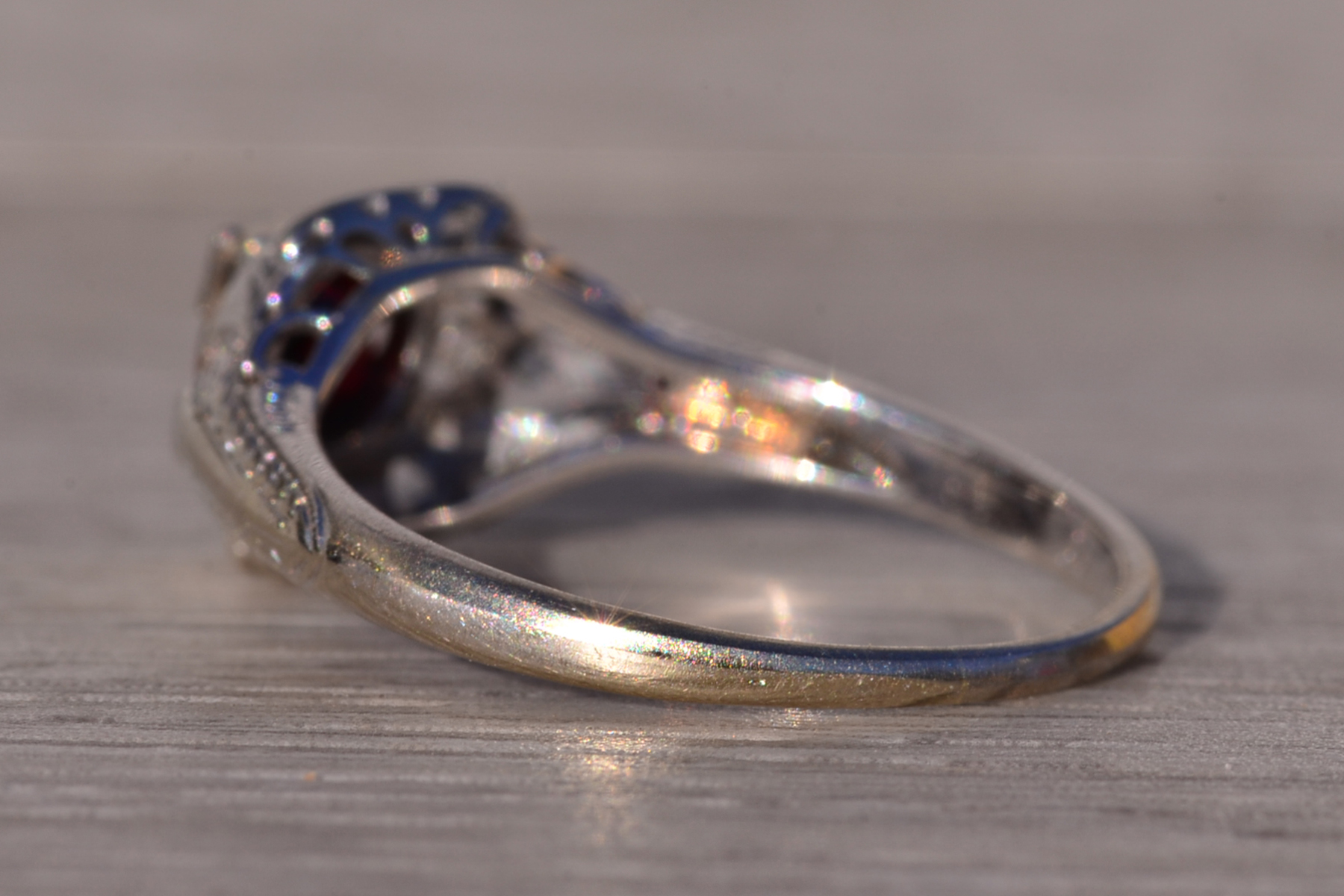 SOLD - The Senlis: Antique Art Deco Filigree Garnet Ring in White Gold - Image 4
