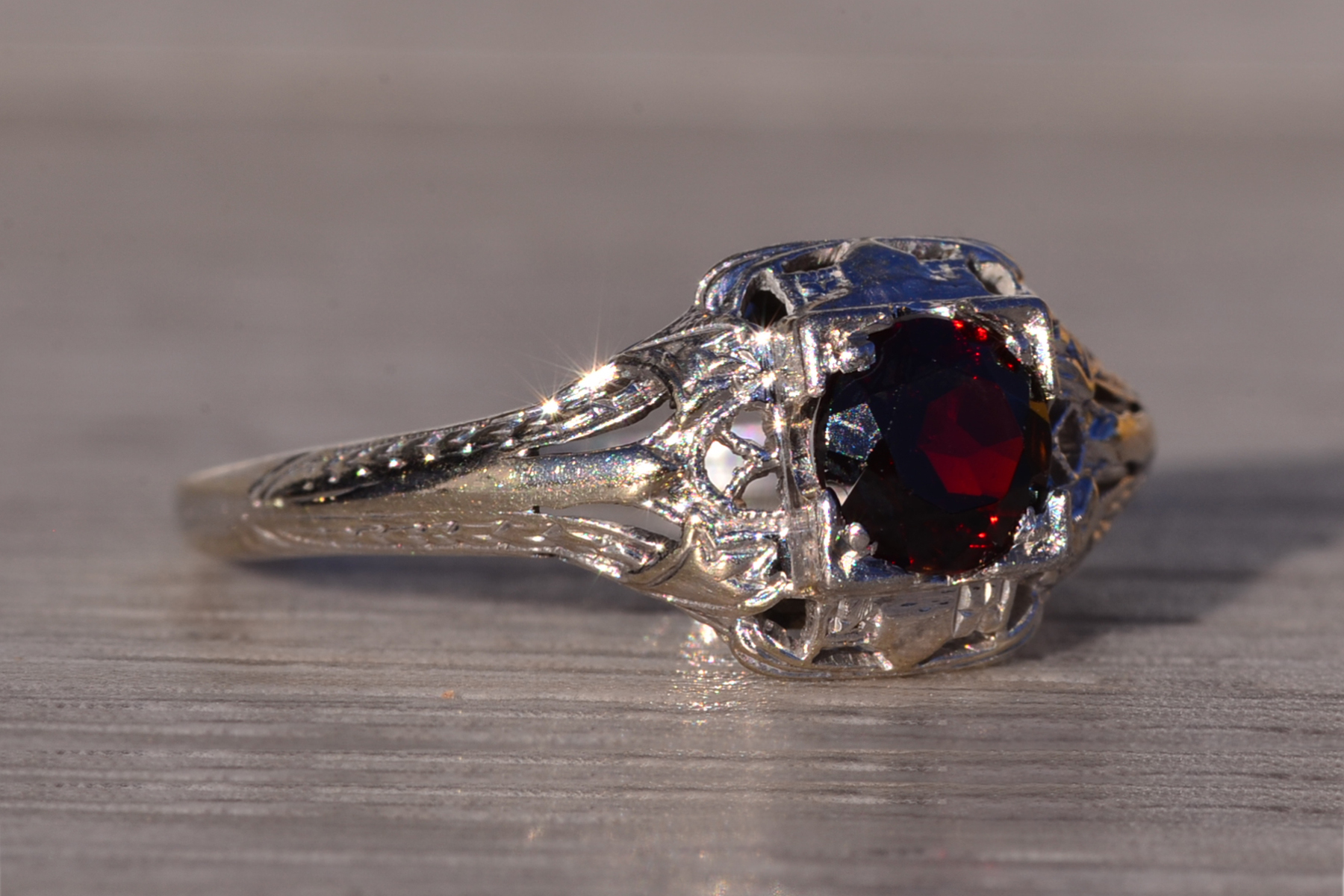 SOLD - The Senlis: Antique Art Deco Filigree Garnet Ring in White Gold - Image 6