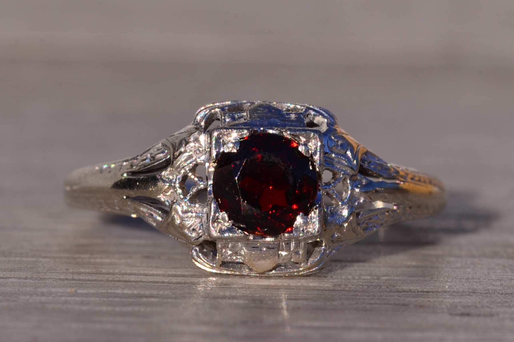SOLD - The Senlis: Antique Art Deco Filigree Garnet Ring in White Gold - Image 7