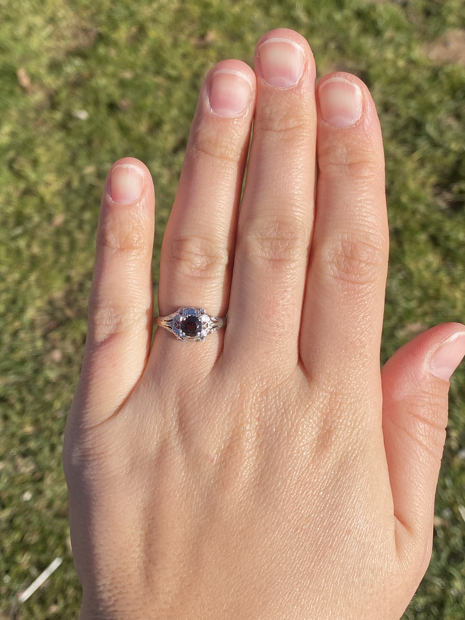 SOLD - The Senlis: Antique Art Deco Filigree Garnet Ring in White Gold - Image 8