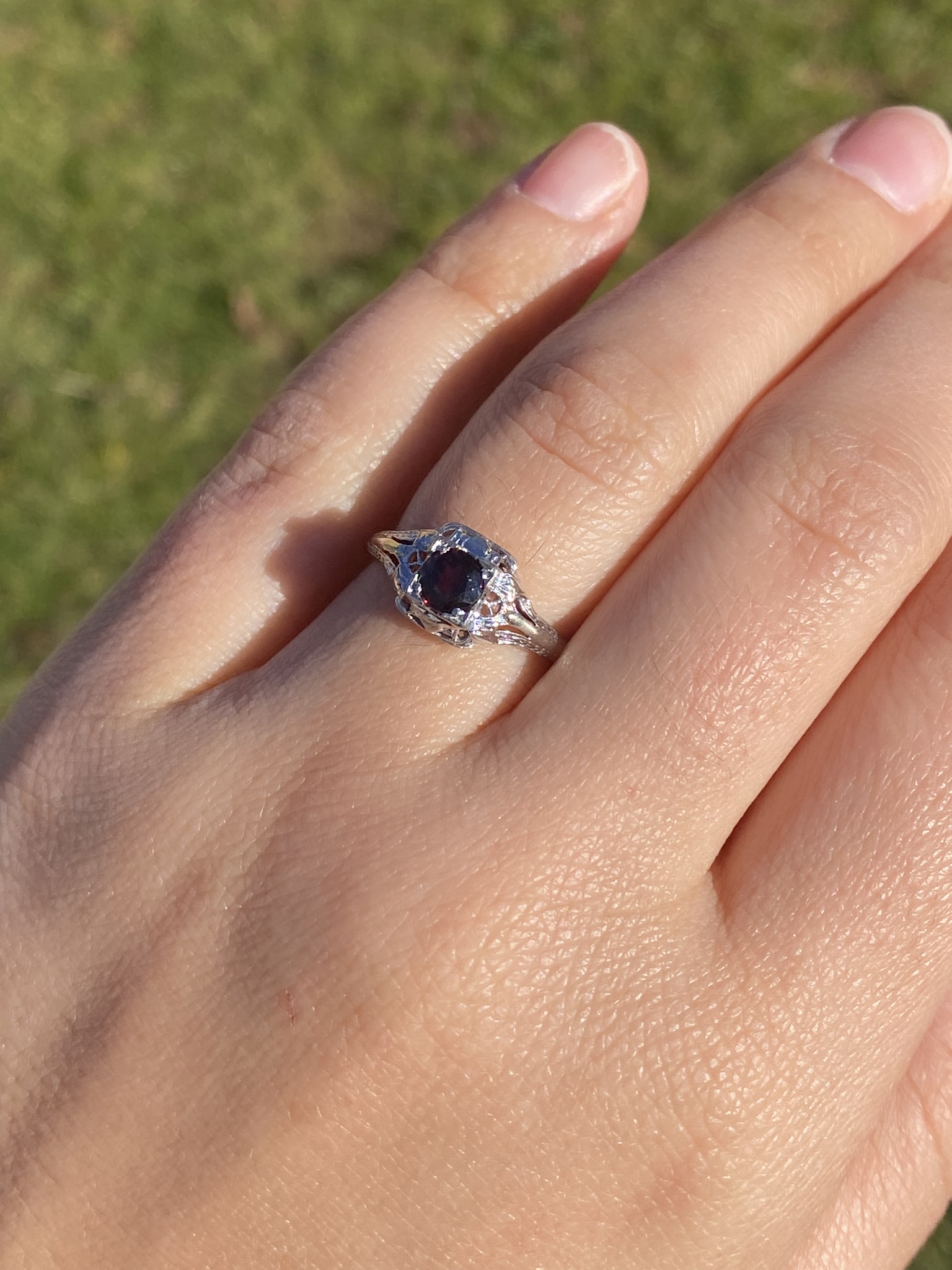 SOLD - The Senlis: Antique Art Deco Filigree Garnet Ring in White Gold - Image 9