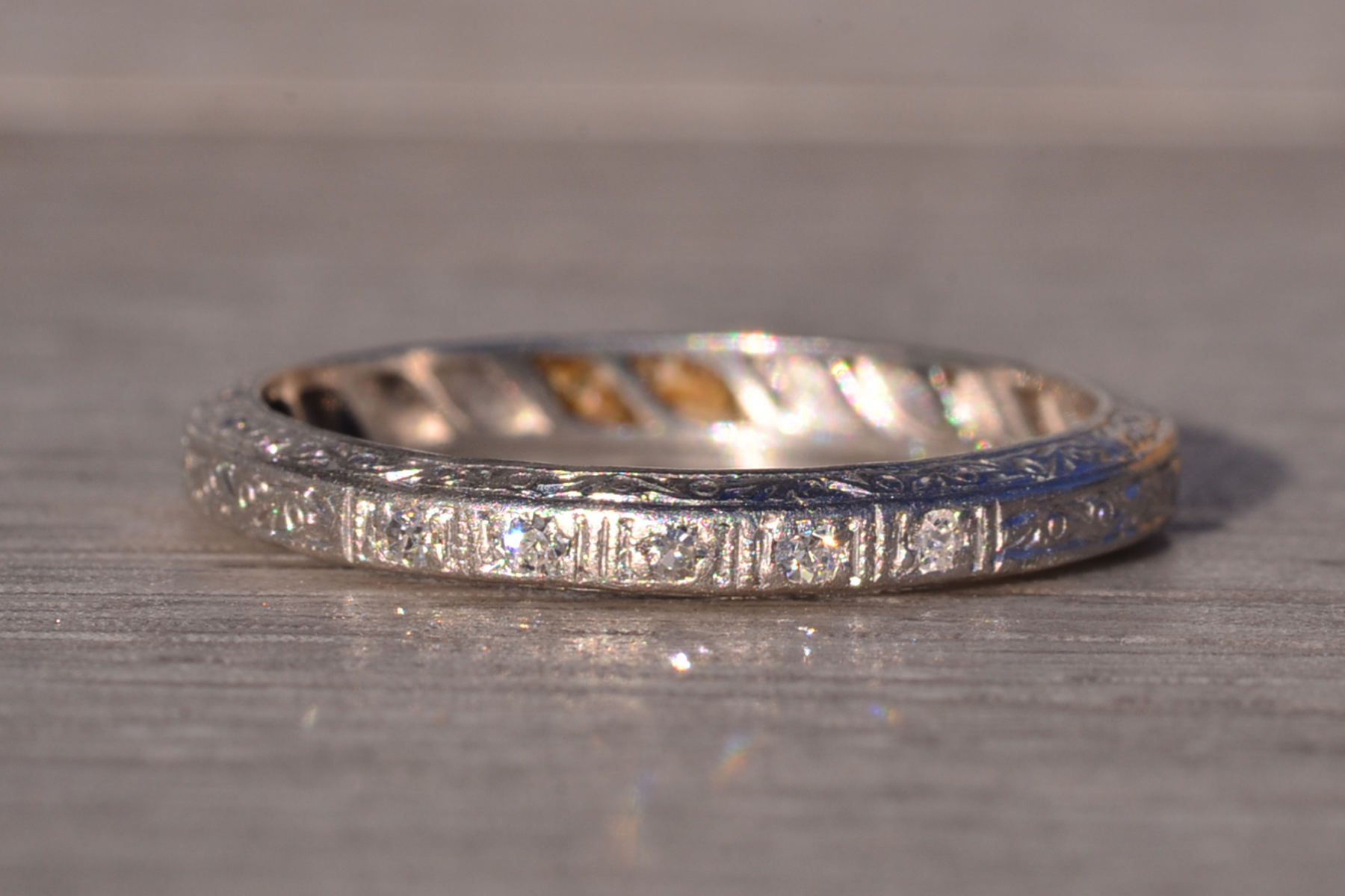 SOLD - The Cohassat: Antique Platinum Wedding Band with Natural Diamonds and Hand Engraving - Image 2
