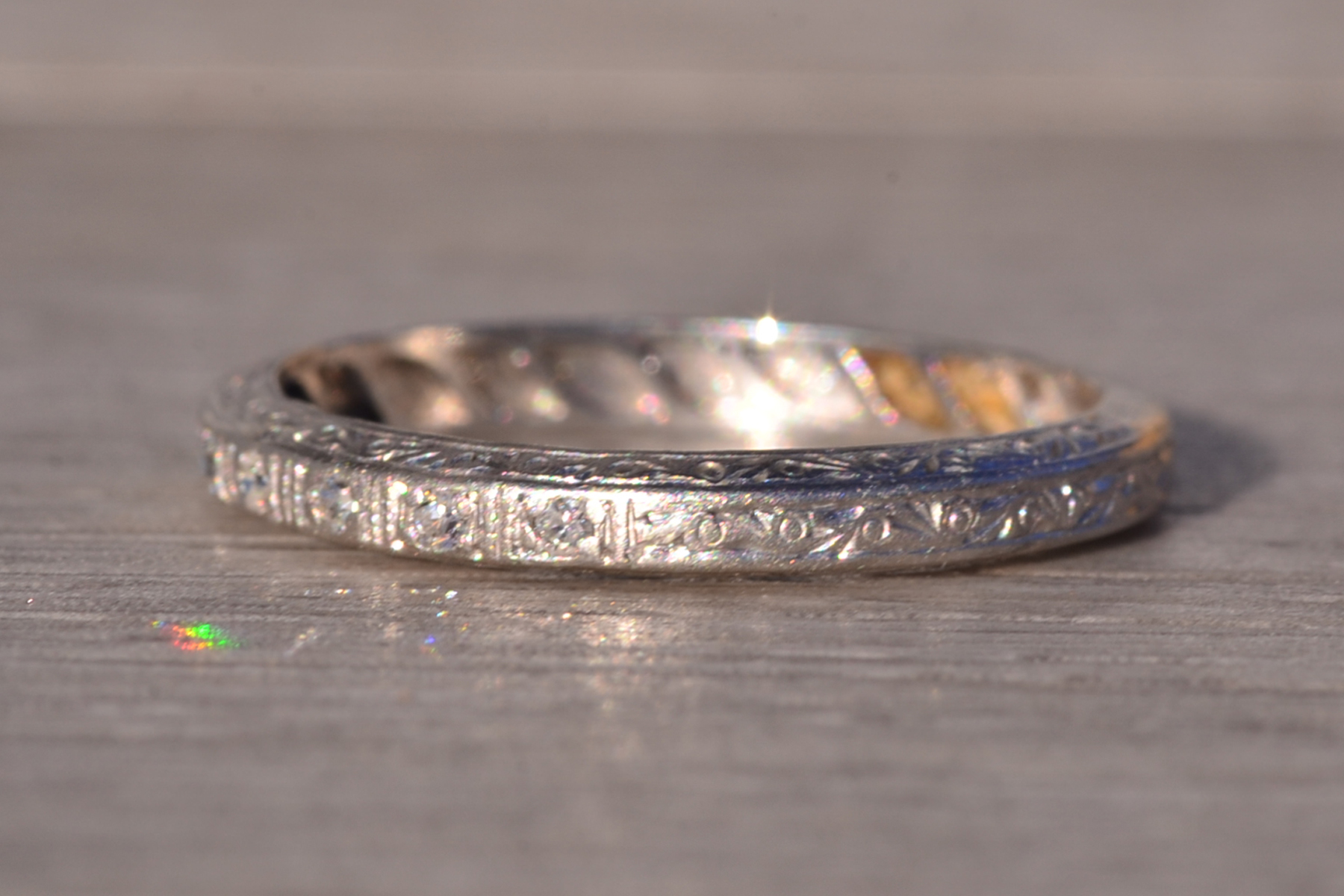 SOLD - The Cohassat: Antique Platinum Wedding Band with Natural Diamonds and Hand Engraving - Image 3