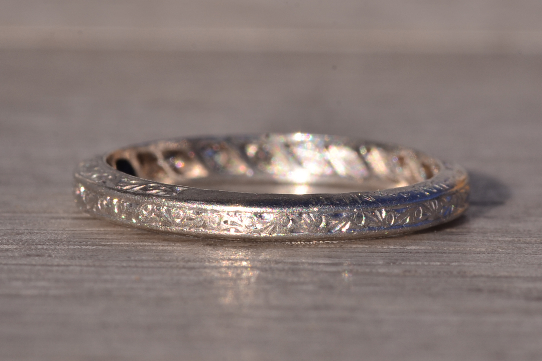 SOLD - The Cohassat: Antique Platinum Wedding Band with Natural Diamonds and Hand Engraving - Image 4