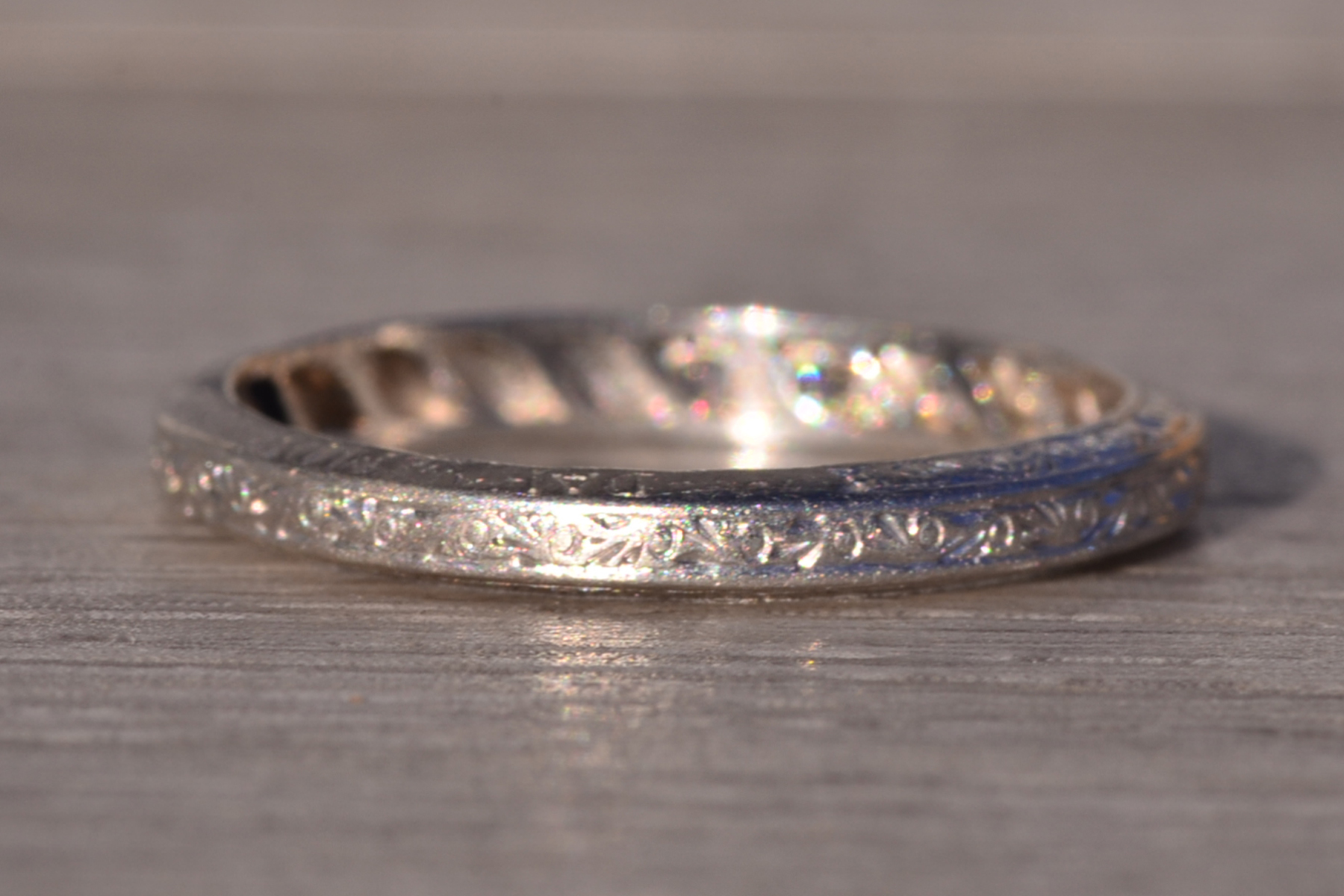 SOLD - The Cohassat: Antique Platinum Wedding Band with Natural Diamonds and Hand Engraving - Image 5