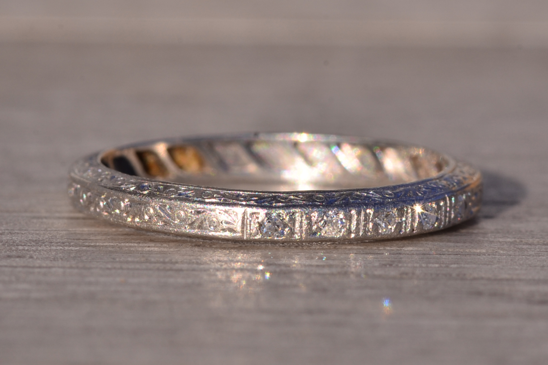 SOLD - The Cohassat: Antique Platinum Wedding Band with Natural Diamonds and Hand Engraving - Image 6